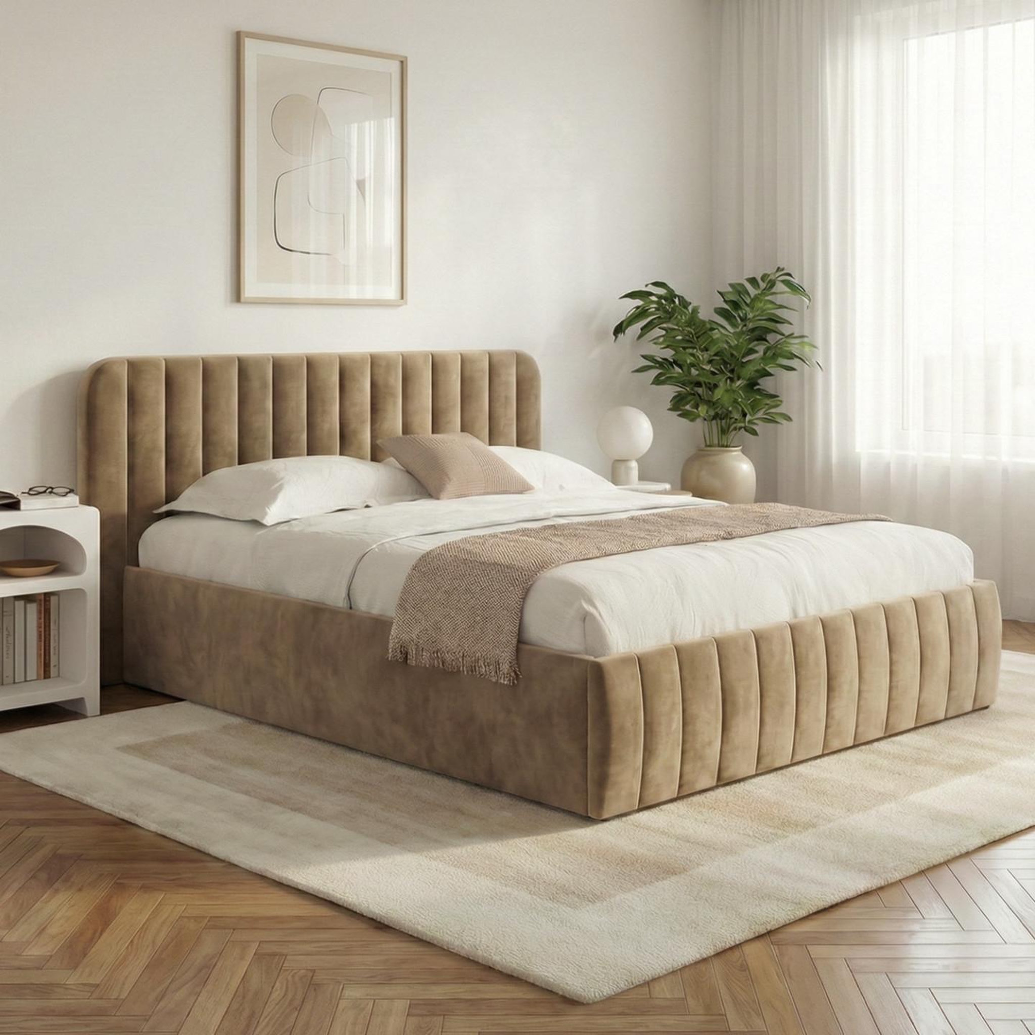 Voir la diapositive 4 : ID MARKET Lit coffre double alba avec tête de lit et sommier 140 x 190 cm velours taupe