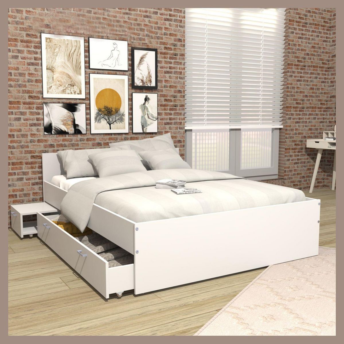 Lit blanc 160X190 1 chevet 1 tiroir BLAST