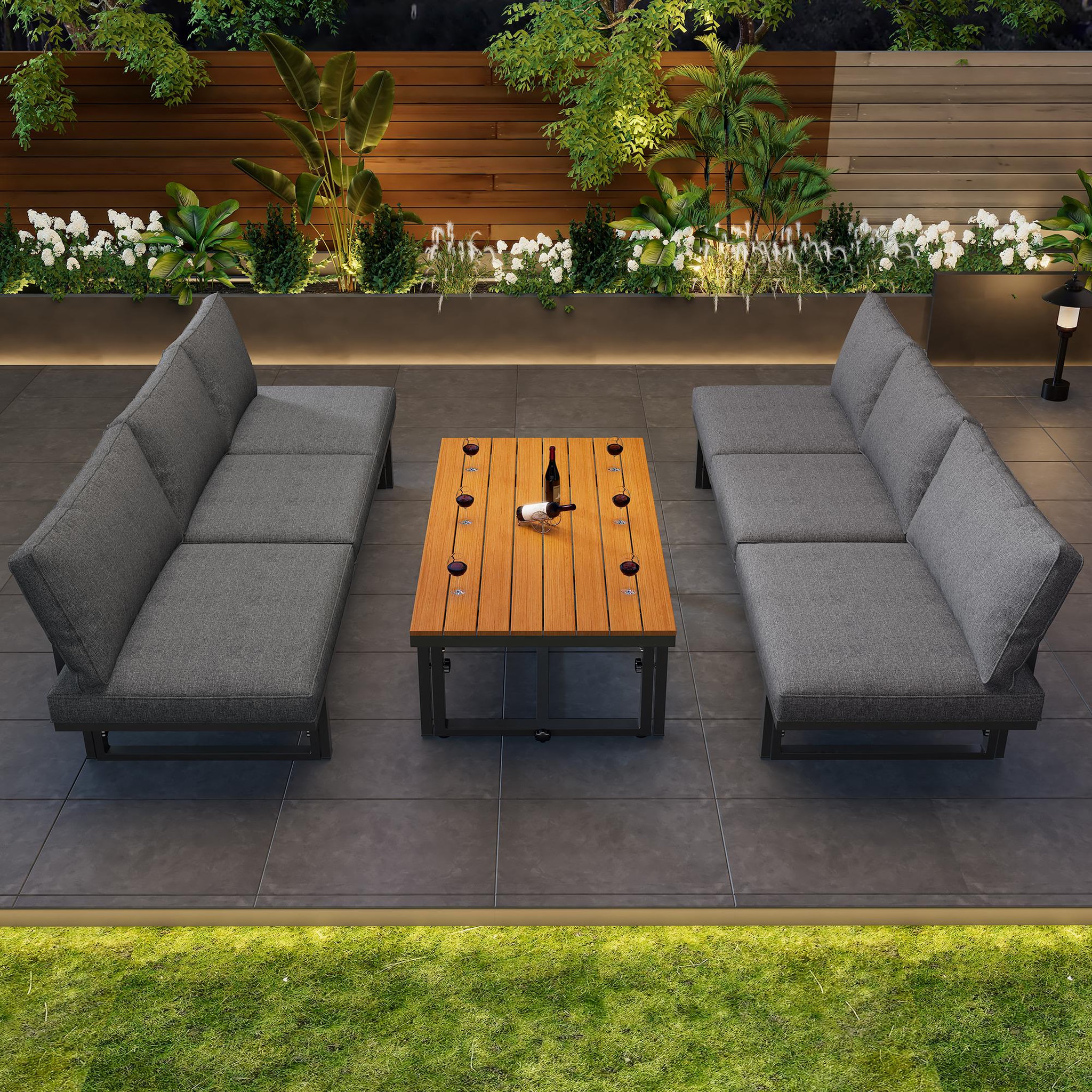 Voir la diapositive 4 : MERAX Salon de jardin 4 places en fer avec table, 2 sofas, coussins inclus, moderne, beige
