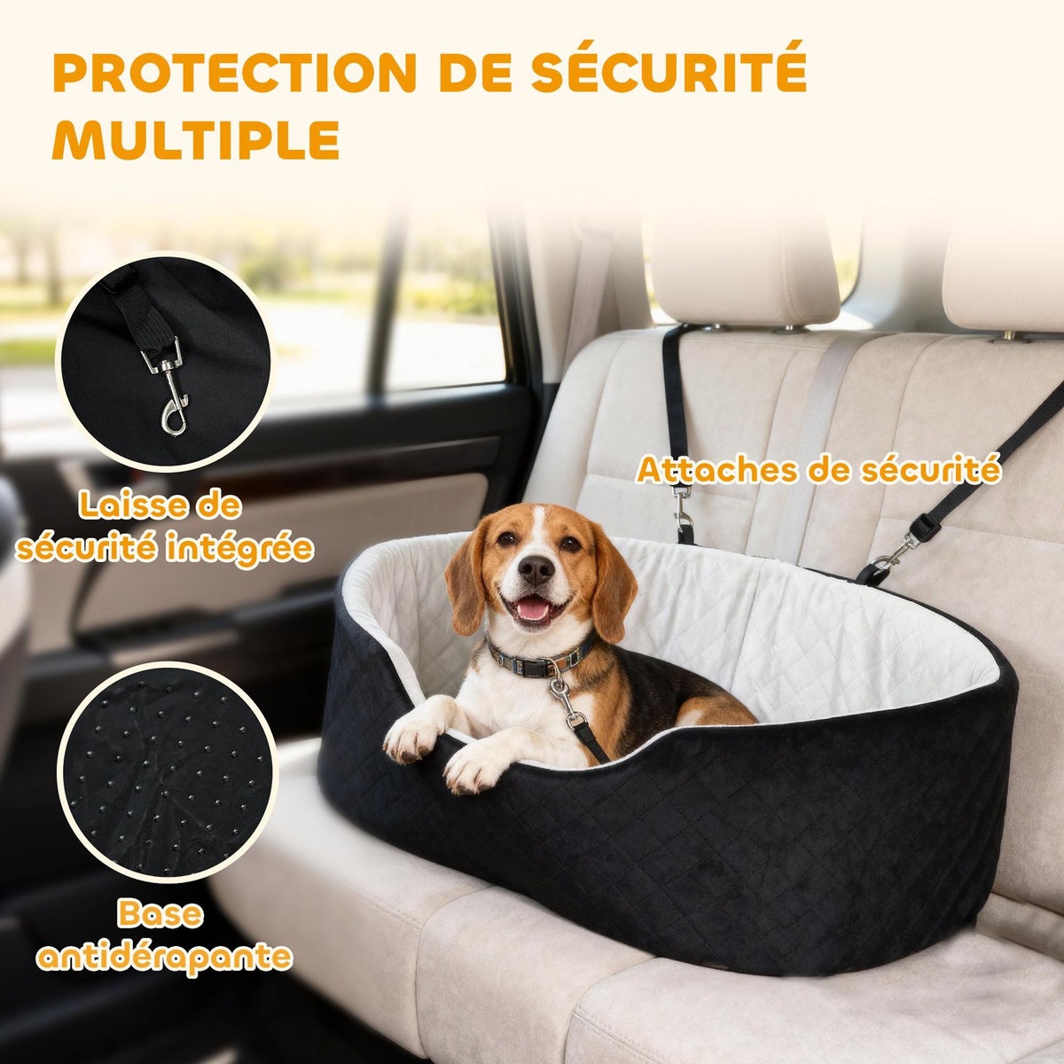 PAWHUT Siège auto chien grand confort avec coussin déhoussable - réglable, attache - polyester noir velours gris