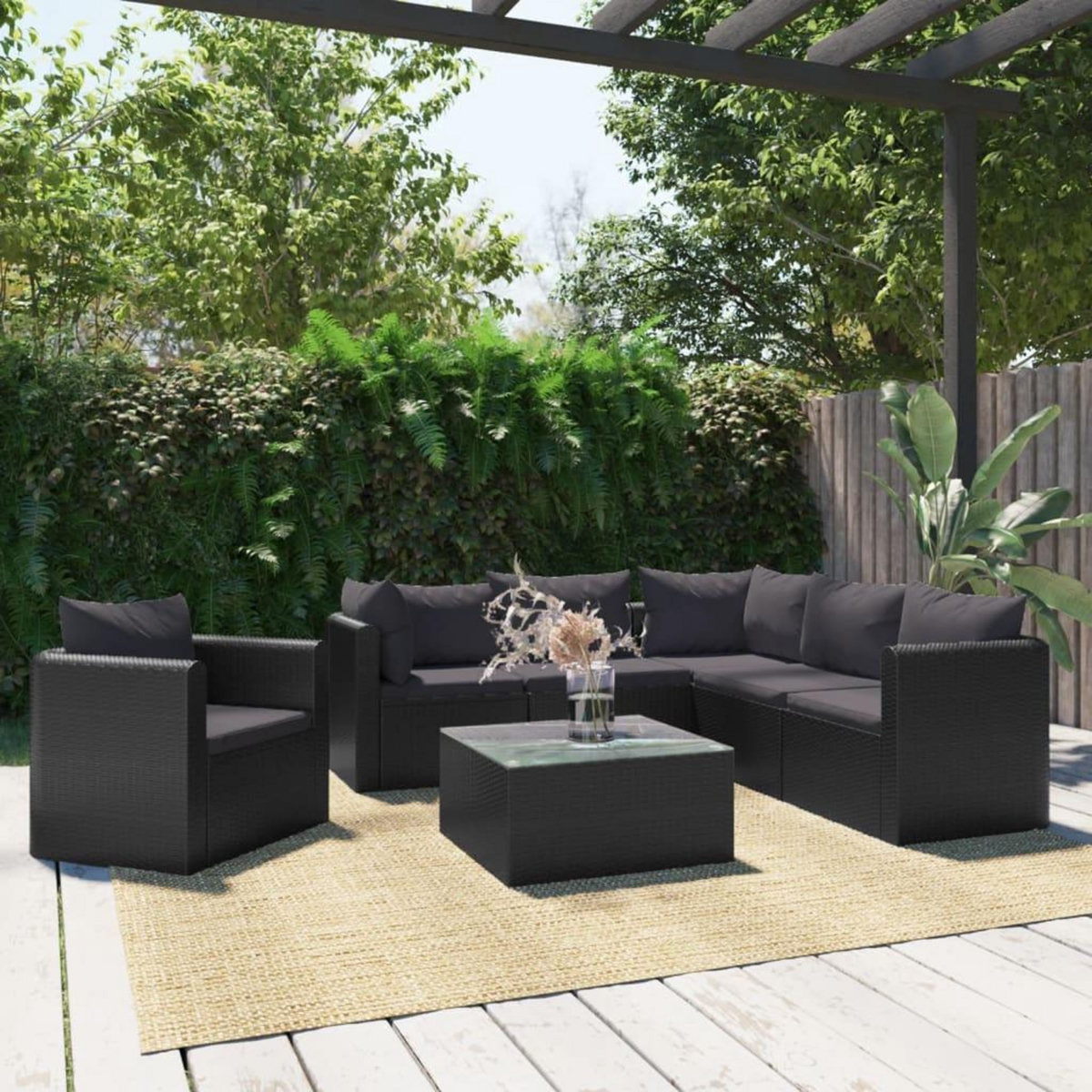 VIDAXL Salon de jardin 7 pcs avec coussins Resine tressee Noir