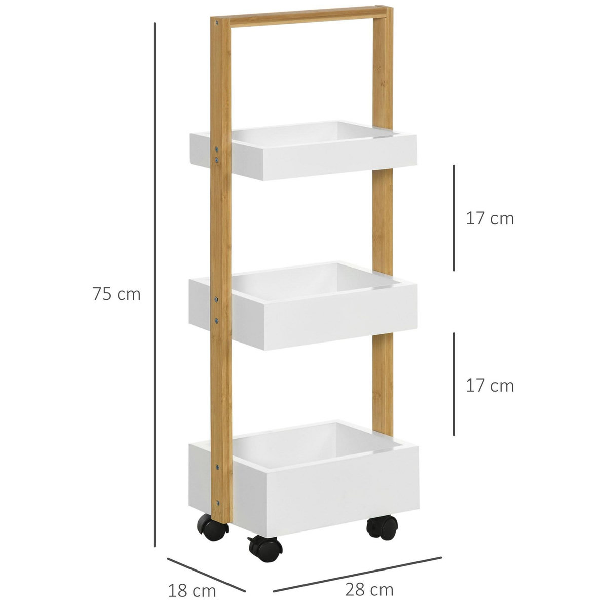 HOMCOM Desserte chariot de service 3 compartiments MDF blanc structure bois de bambou verni