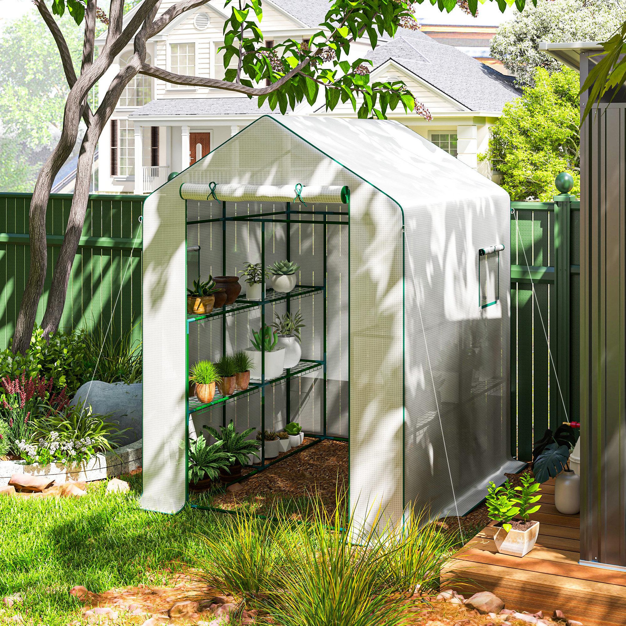Voir la diapositive 2 : OUTSUNNY Serre de jardin 4 tablettes dim. 1,4l x 1,43l x 1,9h m porte déroulante fenêtre acier pe haute densité blanc