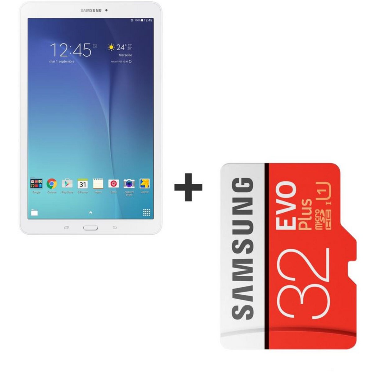 SAMSUNG Pack Tablette Tab E - Blanche - 8Go & Carte mémoire Micro SD EVO PLUS 32 Go + adaptateur SD - Grade 3 classe 10 - jusqu'à 100 Mo/s 
