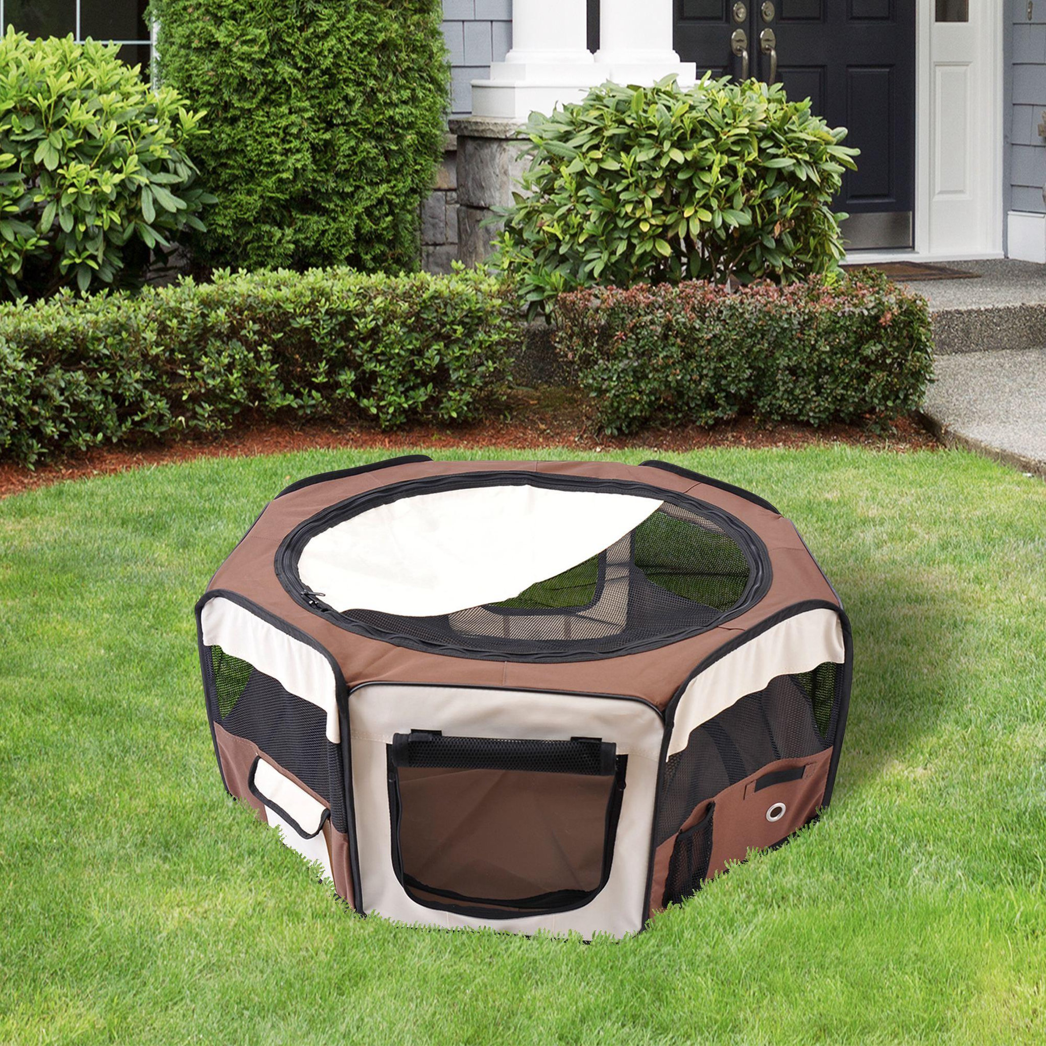 Voir la diapositive 4 : PAWHUT Parc enclos pliable chien chat Ø 90 x 41H cm - 2 portes, 2 poches, sac transport - acier Oxford marron beige