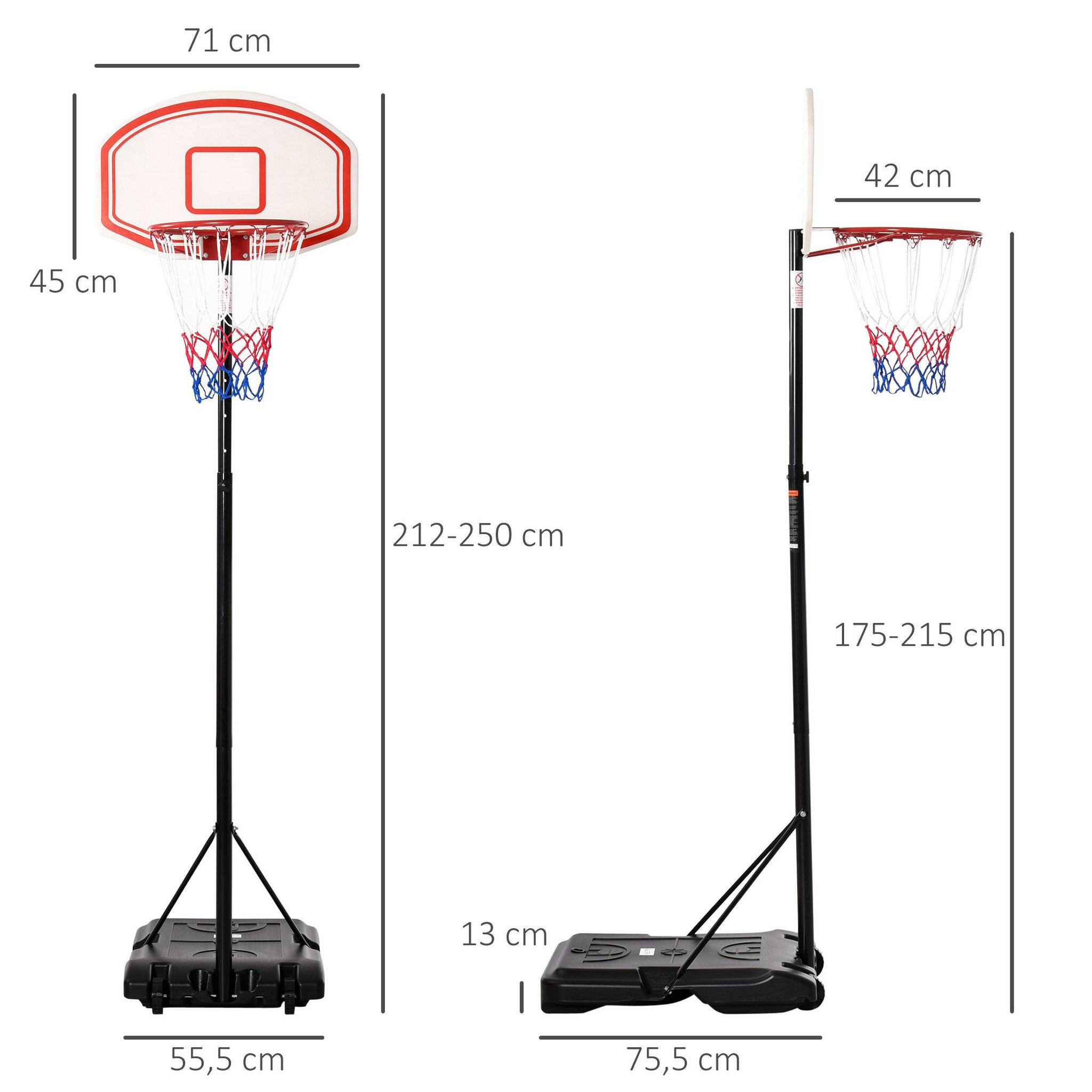 Voir la diapositive 3 : HOMCOM Panier de basket-ball sur pied avec poteau panneau, base de lestage sur roulettes hauteur réglable 2,1 - 2,5 m noir blanc