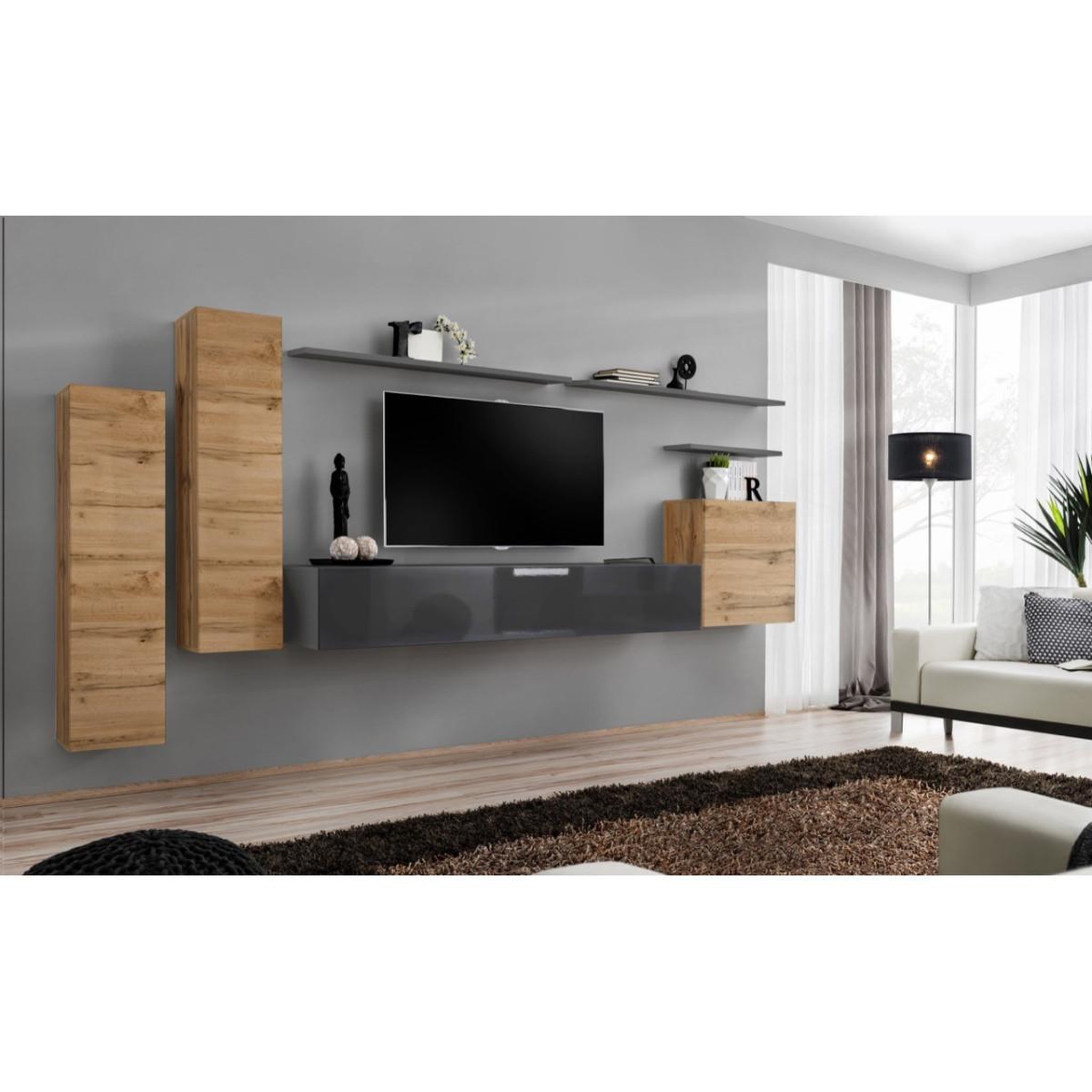 Voir la diapositive 2 : Paris Prix Meuble tv mural design  switch i  330cm naturel & gris