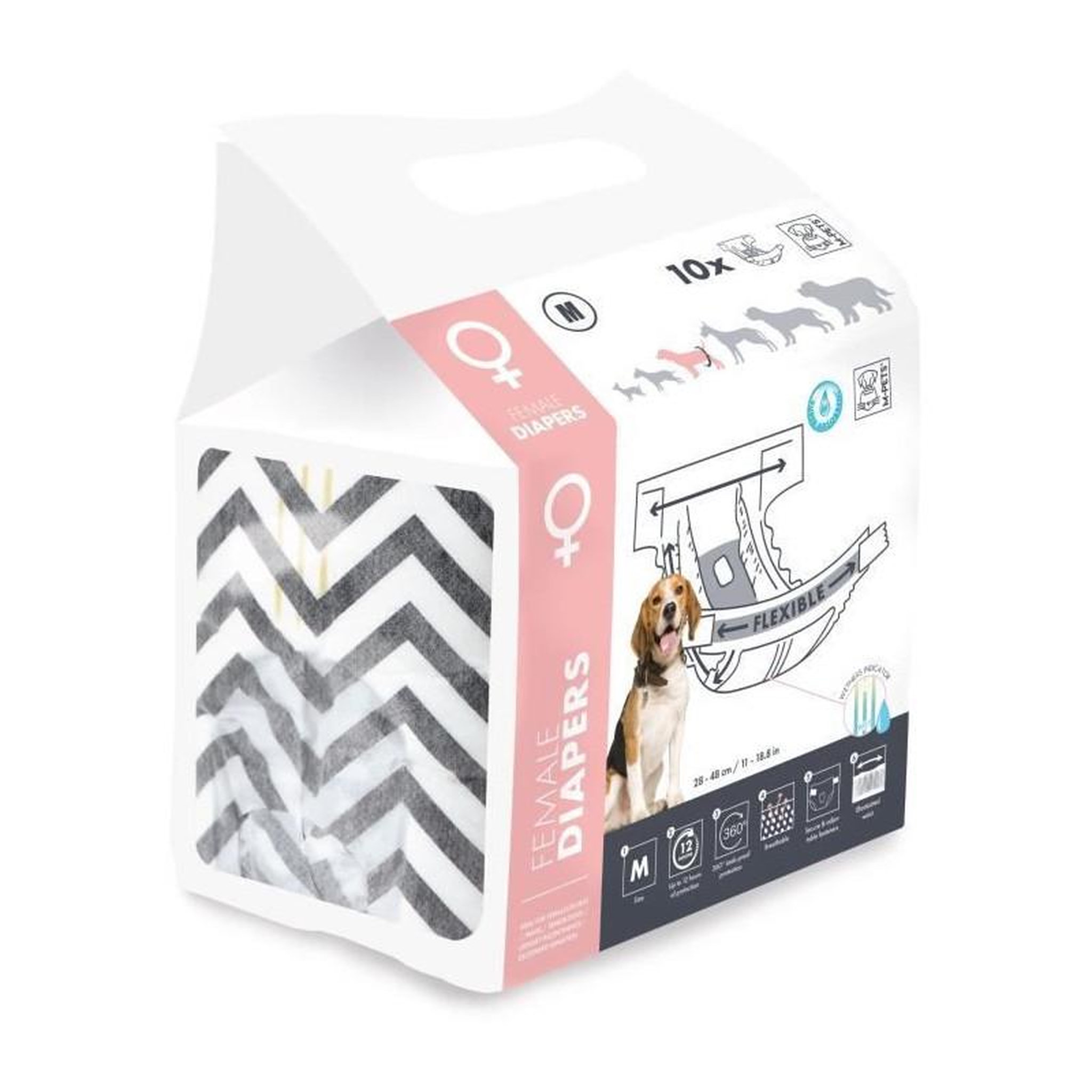 Voir la diapositive 2 : M PETS Couches pour chien - M PETS - DIAPERS - Femelle M x10 - Tour de taille 30-42,5 cm - 4-10 kg - Indicateur d'humidité - 12h prote