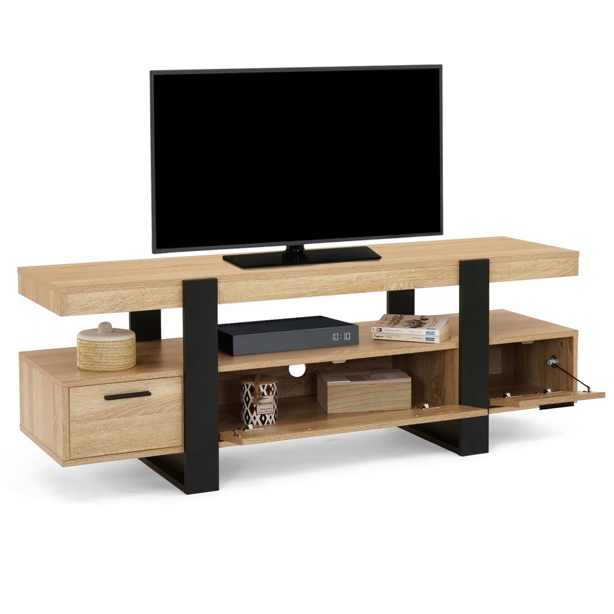 Voir la diapositive 4 : ID MARKET Meuble tv 140 cm phoenix avec tiroirs bois et noir