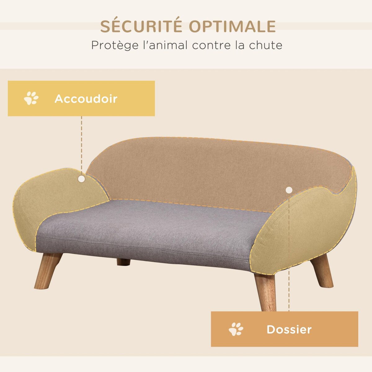 PAWHUT Canapé chien lit pour chien design scandinave déhoussable dim. 72L x 44l x 31H cm pieds bois tissu polyester gris