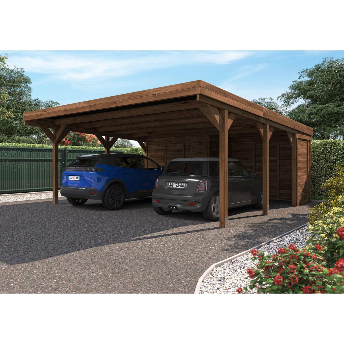 Forest Style Carport avec remise - Bois traité en autoclave - 2 voitures - 31,7+3,6m² - LEON