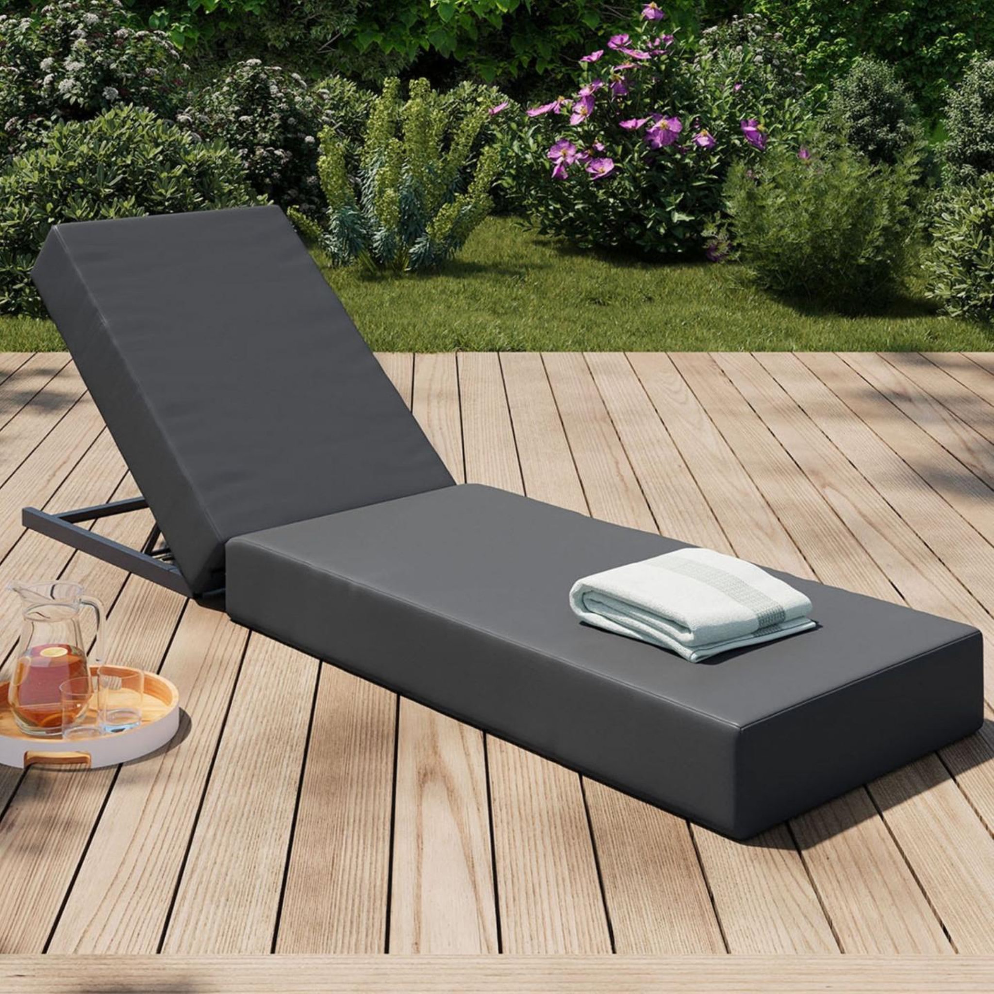 Voir la diapositive 2 : ID MARKET Lit de piscine, bain de soleil confortable, chaise longue avec dossier en métal inclinable 4 positions et matelas gris