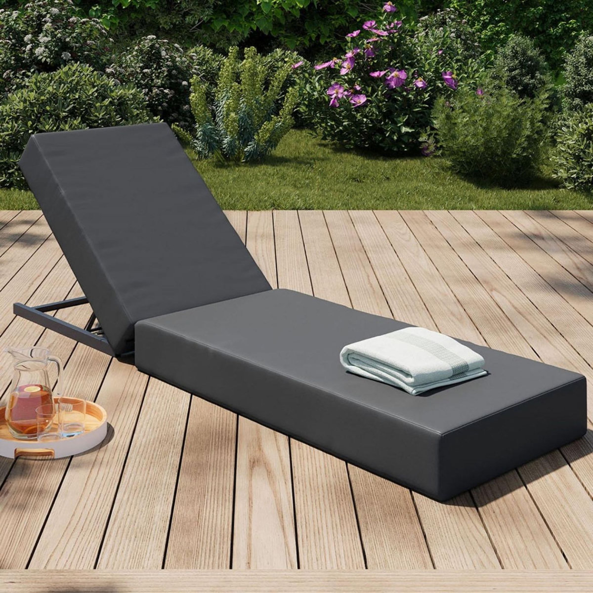 ID MARKET Lit de piscine, bain de soleil confort dossier métal inclinable 4 positions et matelas gris