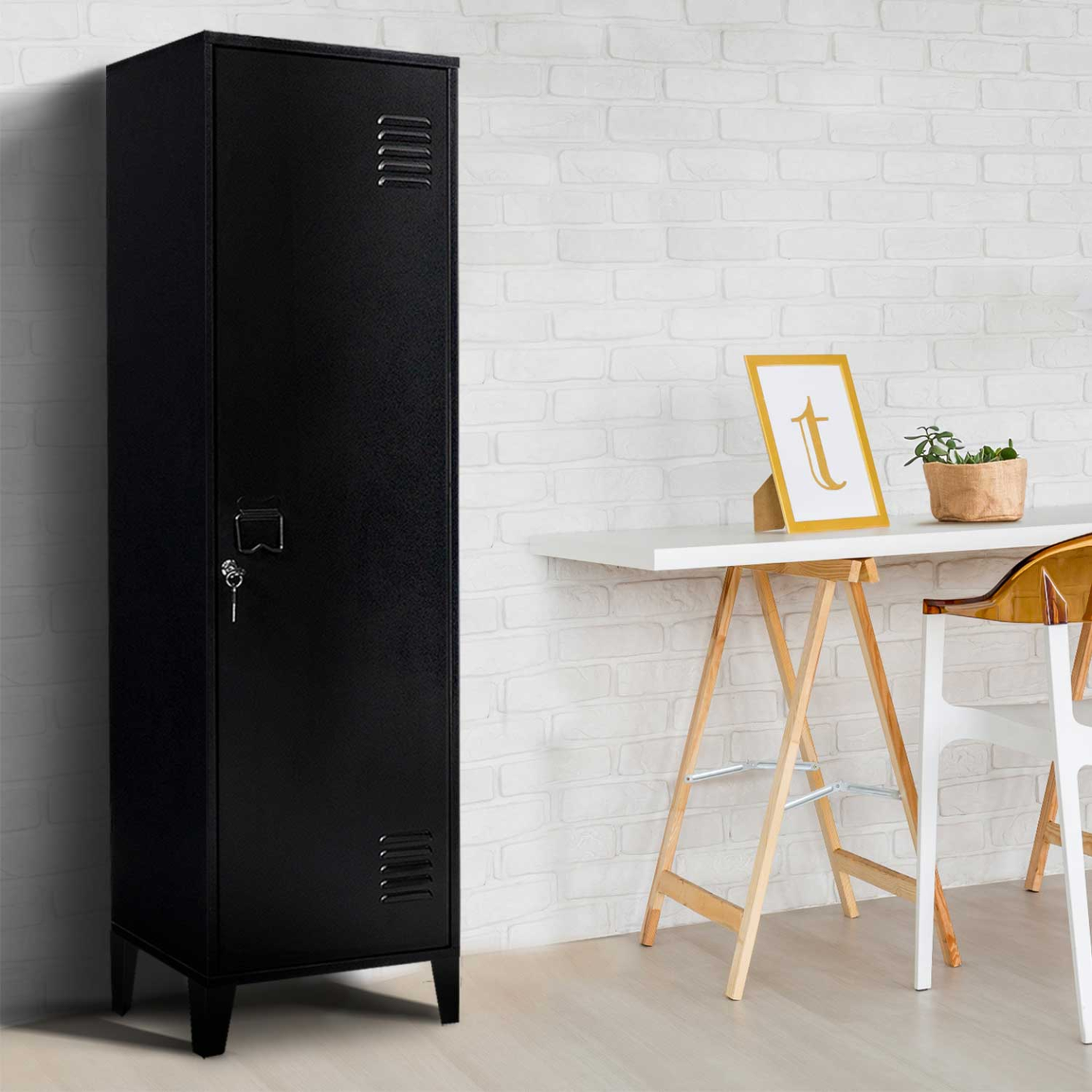 Voir la diapositive 2 : ID MARKET Armoire vestiaire ester 1 porte métal noir design industriel
