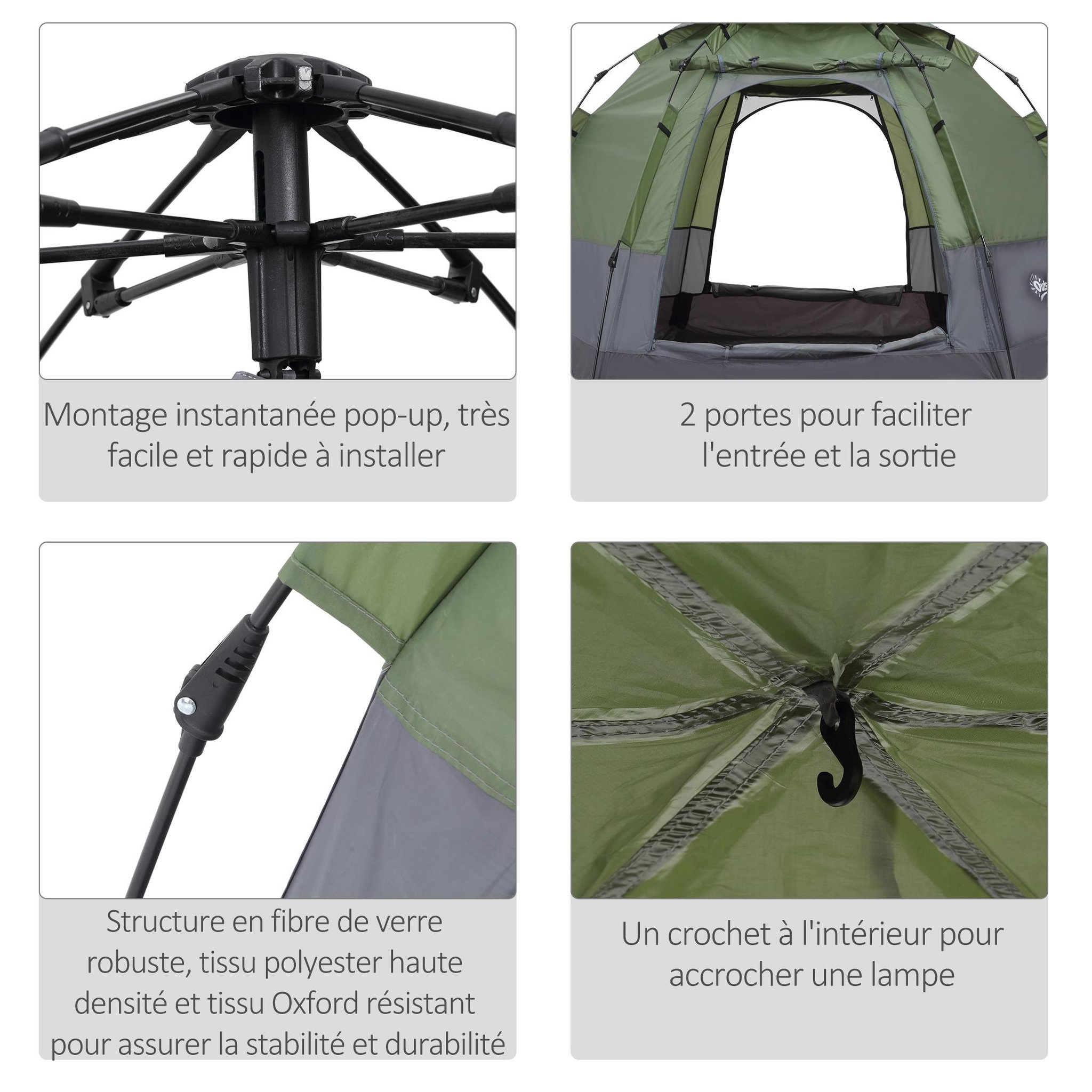 Voir la diapositive 5 : OUTSUNNY Tente pop up montage instantané - tente de camping 3-4 pers.  - 2 grandes portes - dim. 2,6l x 2,6l x 1,5h m fibre verre polyester oxford vert gris