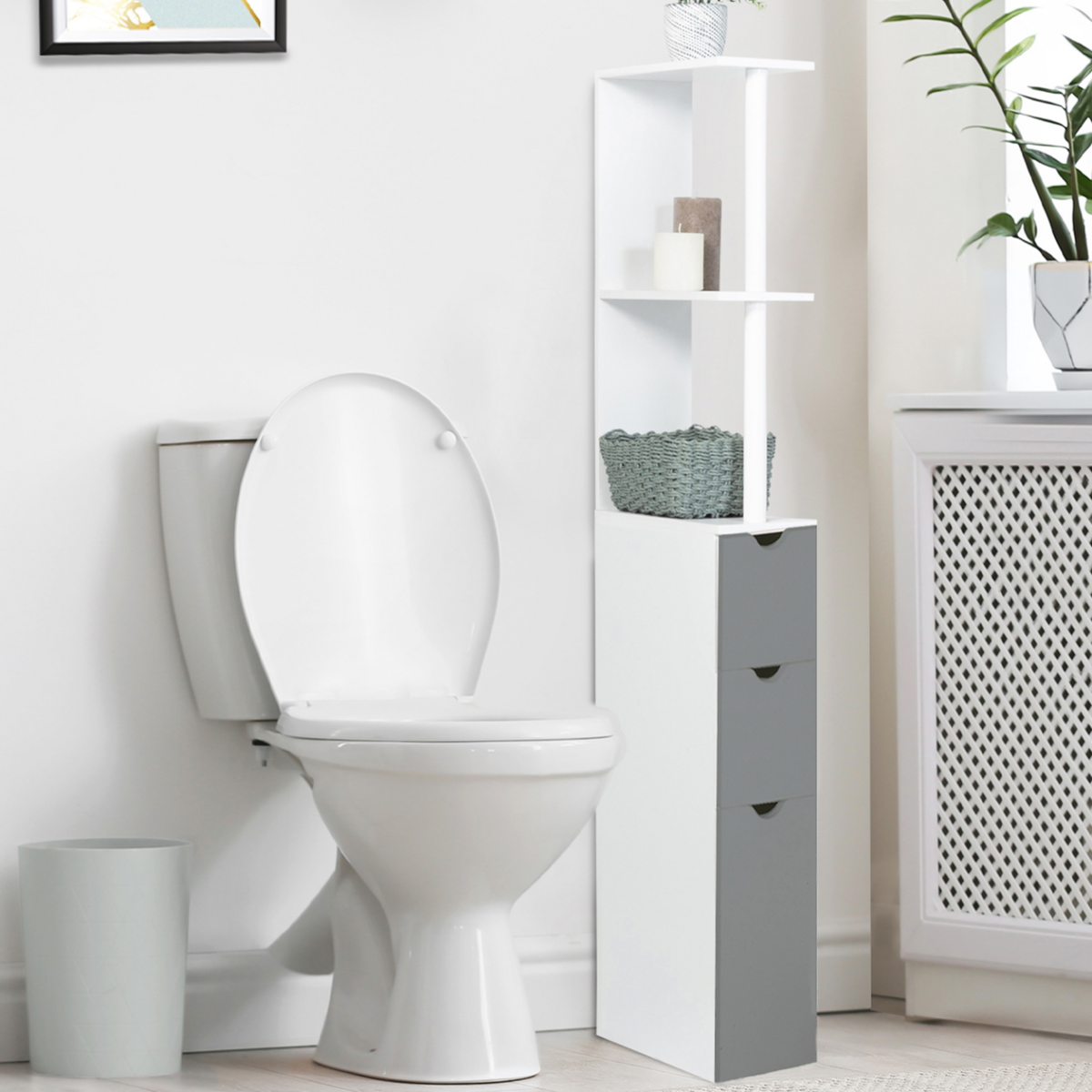 ID MARKET Meuble WC étagère bois WILLY 3 portes blanc et gris