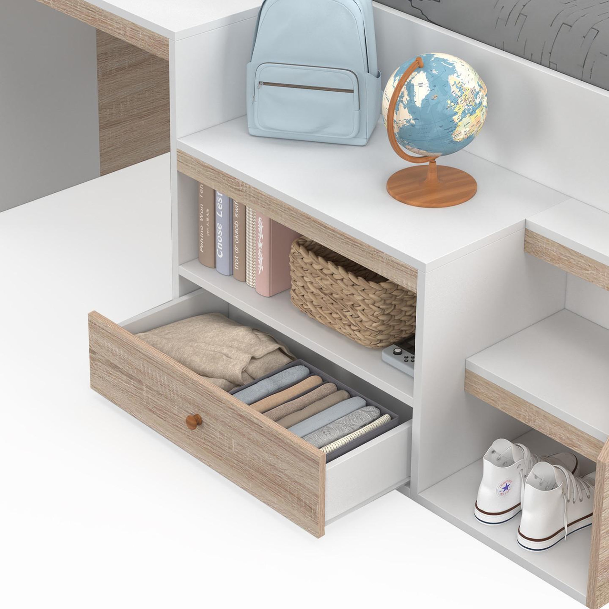 Voir la diapositive 6 : ID MARKET Lit combiné avec sommier, bureau et rangement leopold 90 x 190 cm hêtre et blanc