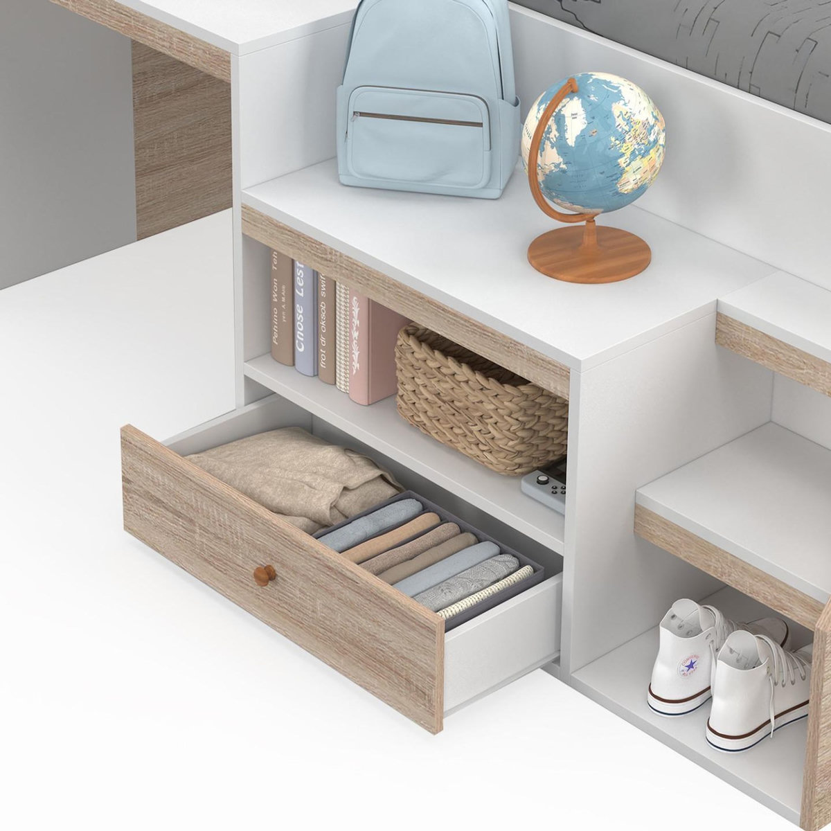 ID MARKET Lit combiné avec sommier, bureau et rangement LEOPOLD 90 x 190 cm hêtre et blanc