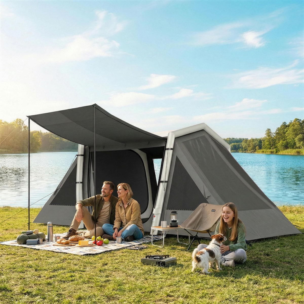 OUTSUNNY Tente gonflable camping 4 personnes 3 pièces auvent imperméabilité 3000mm gris