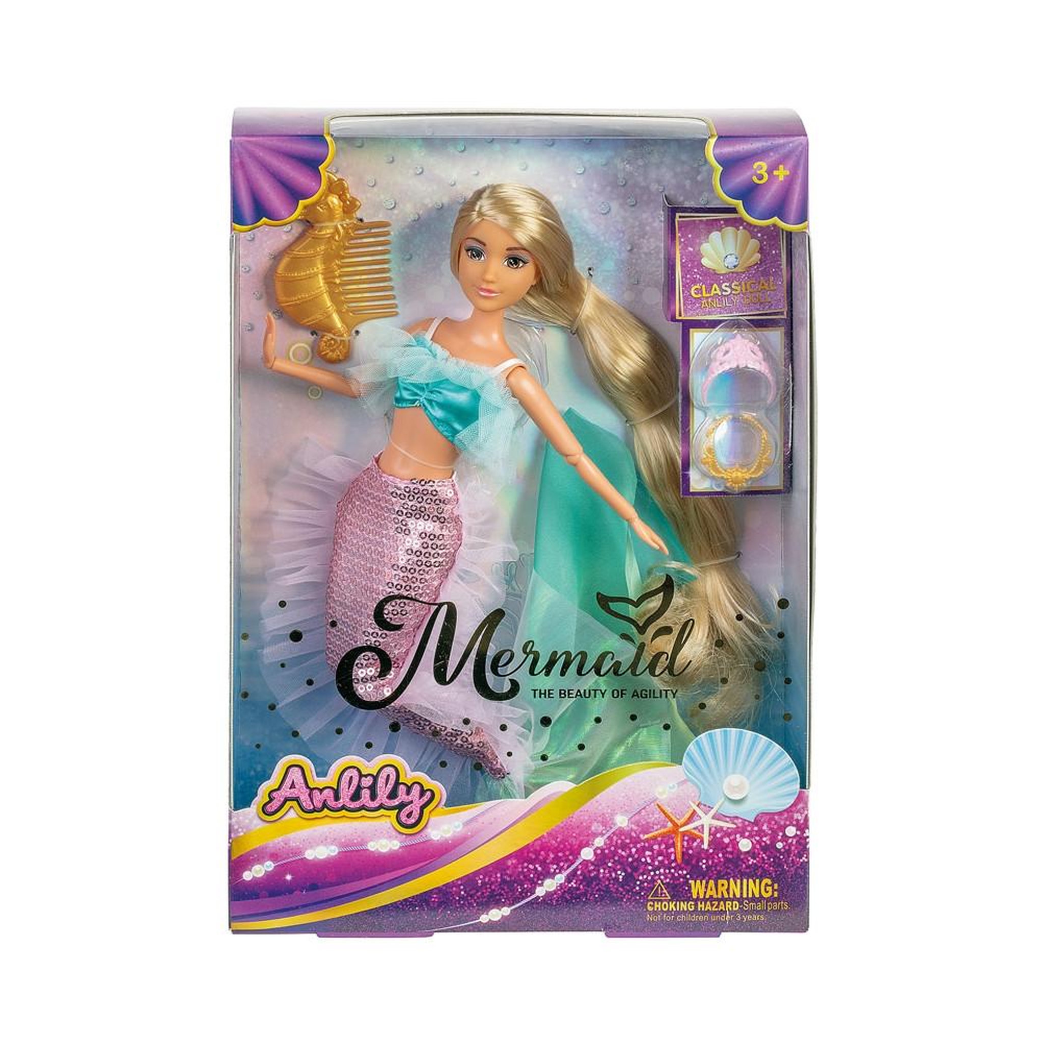Voir la diapositive 2 : Poupée sirène anlily avec accessoires et tenue turquoise, cheveux rose et blonds dorés, coffret style fonds marins