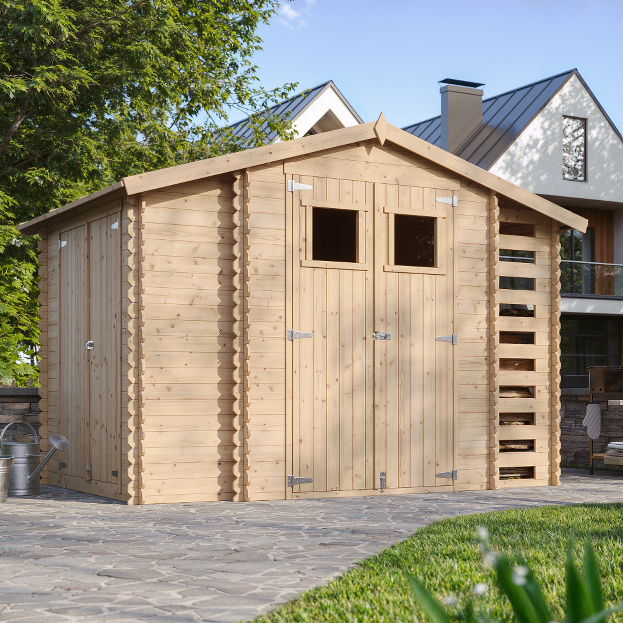 Voir la diapositive 4 : TIMBELA Abri de jardin en bois et range bûches avec sol traité - 3,53 + 0,97+0,97 m2 m389+m389g
