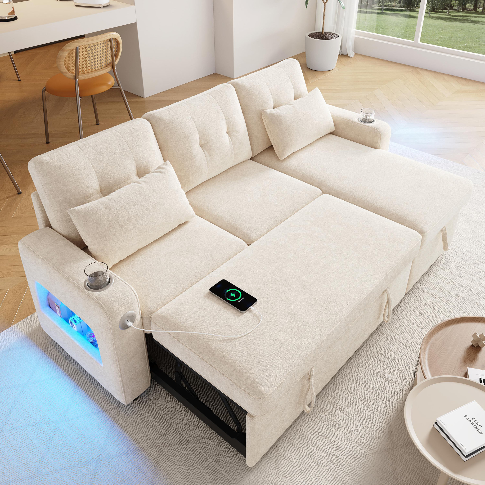 Voir la diapositive 4 : MERAX Canapé d'angle droit convertible 3 places tissu led coffre de rangement