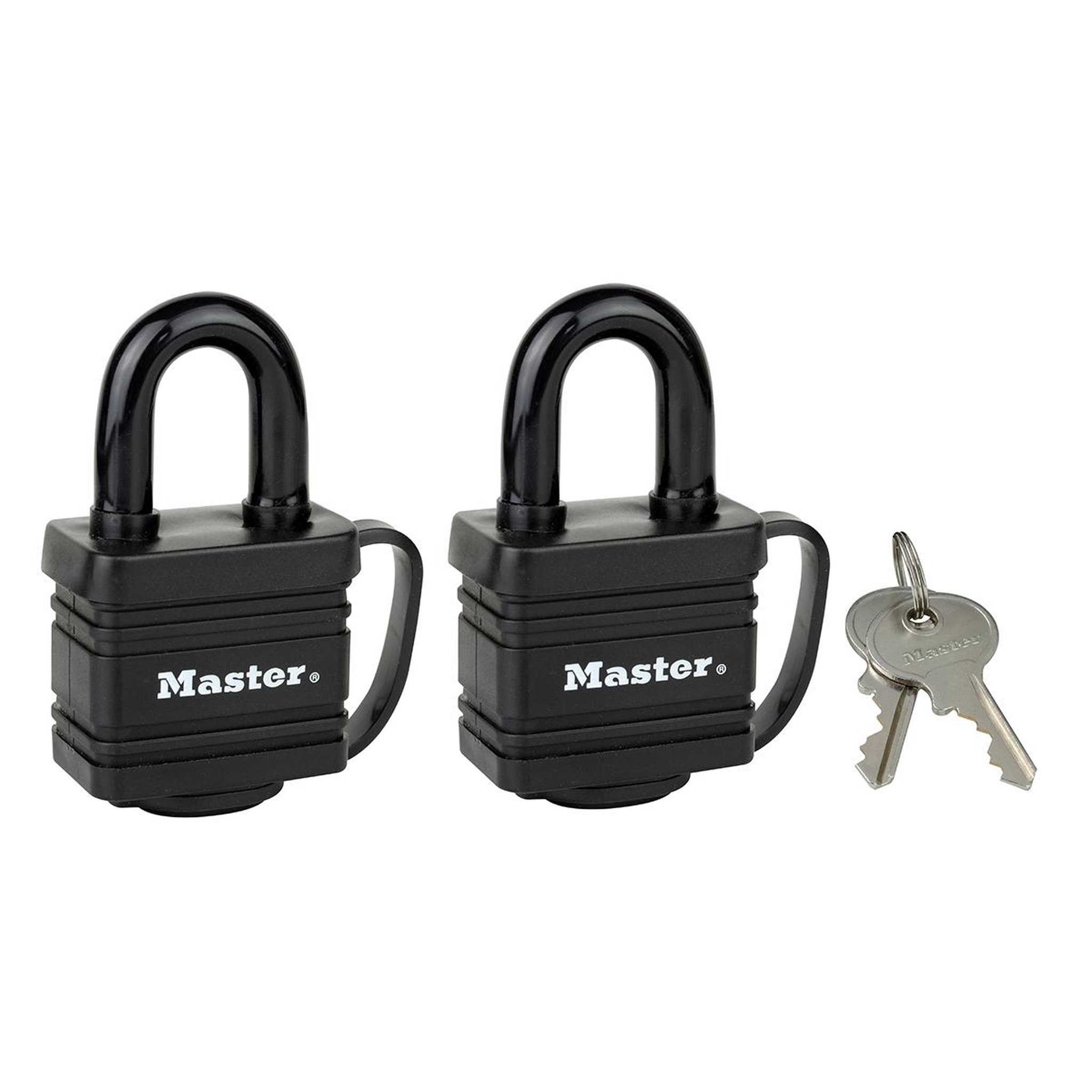 Master lock Pack de 2 cadenas en acier laminé à clé et protection thermoplastique, noir, 7,8 x 4 x 2,9 cm