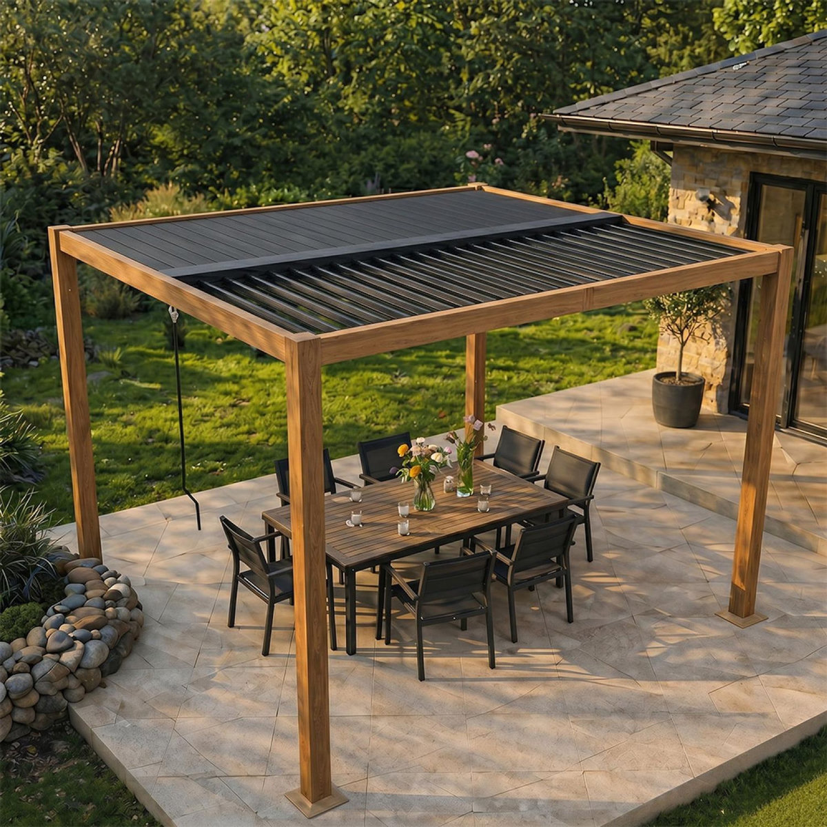 CONCEPT USINE Pergola bioclimatique structure aluminium effet bois lames orientables 3x3m CORFU