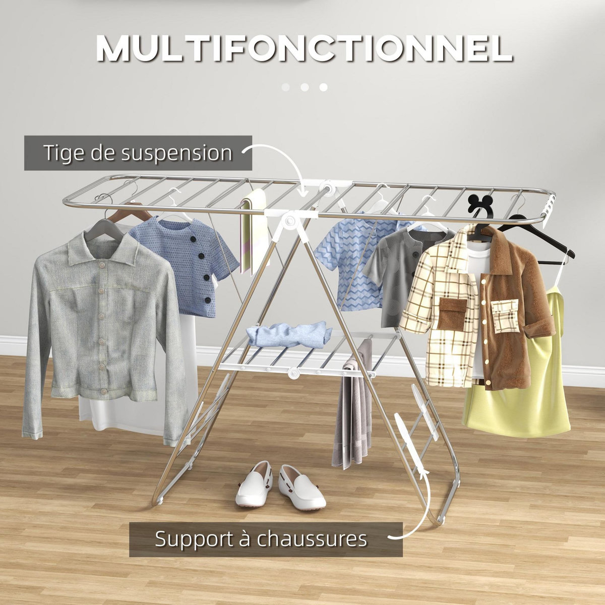 HOMCOM Séchoir à linge pliable sur pied - étendoir 2 niveaux ajustables - acier PP blanc