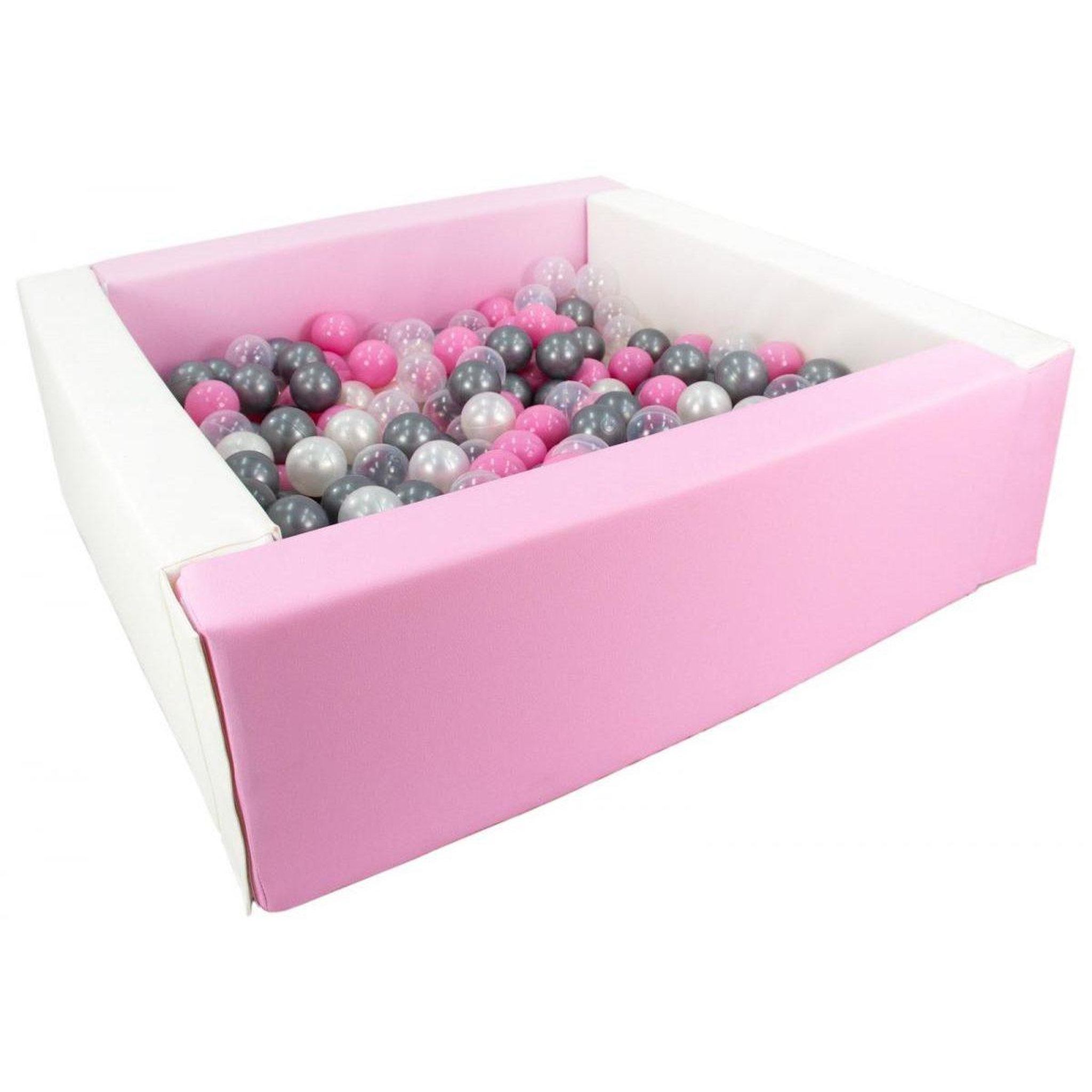 VELINDA Piscine à balles carrée avec 200 balles - blanc, rose p /perle, transparent, rose clair, argent