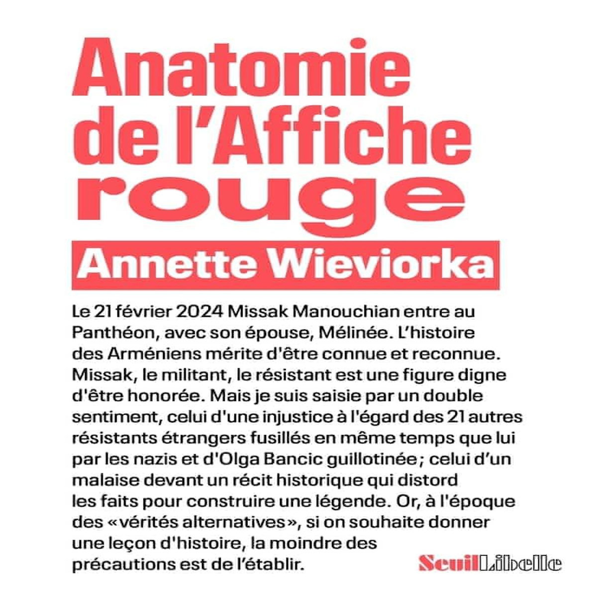 ANATOMIE DE L'AFFICHE ROUGE, Wieviorka Annette