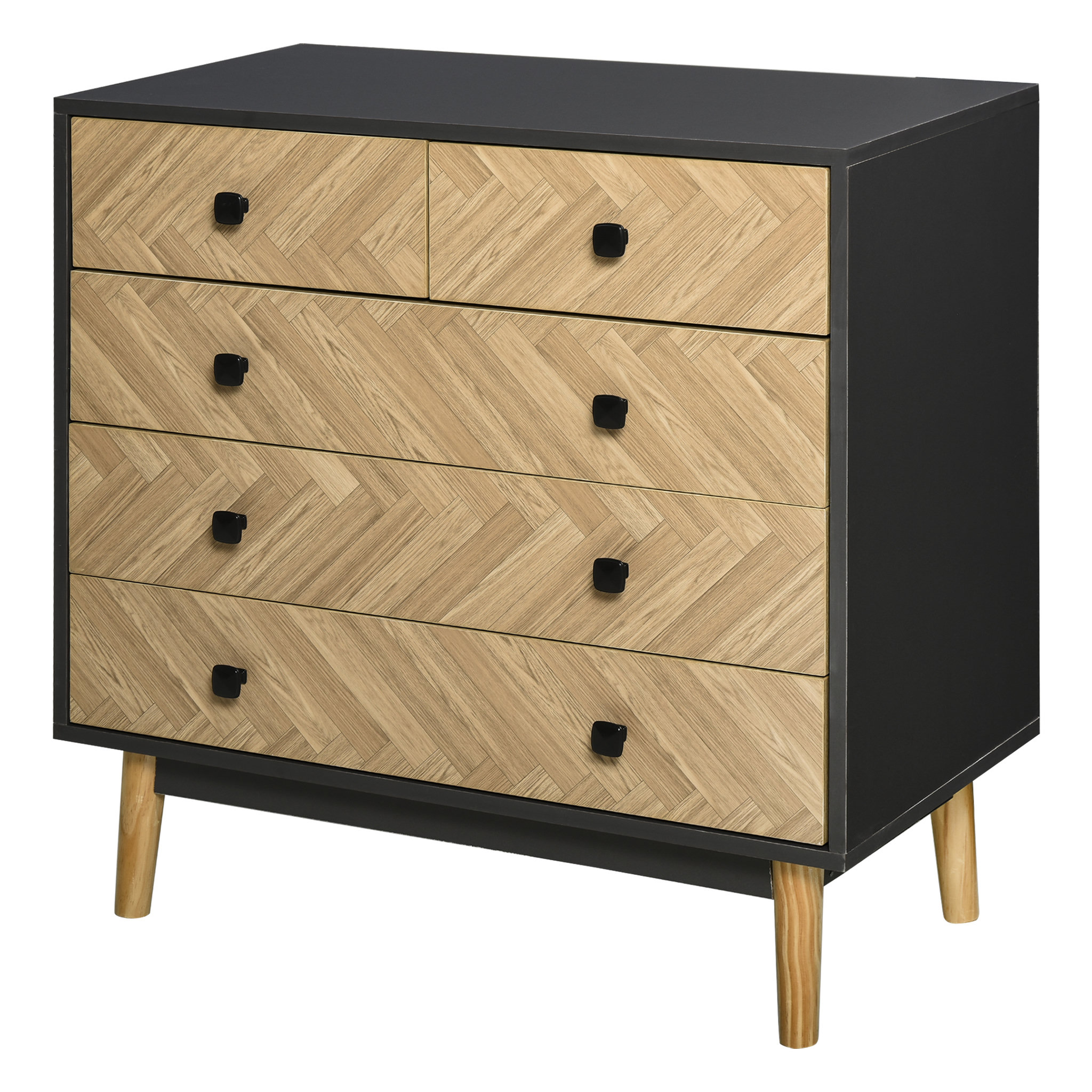 Voir la diapositive 1 : HOMCOM Commode 5 tiroirs design scandinave graphique dim. 80L x 40l x 80H cm panneaux de particules gris foncé chêne clair