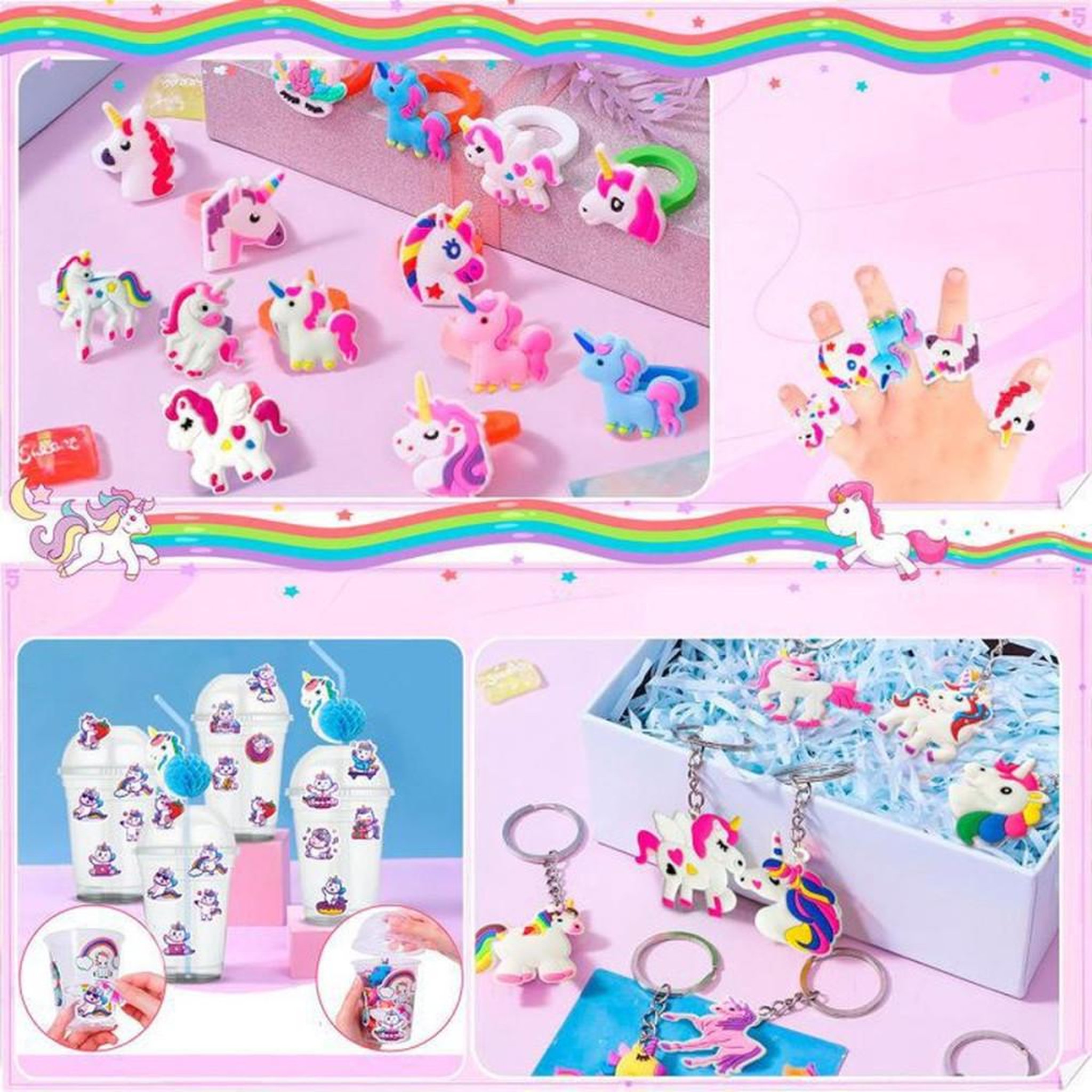 Voir la diapositive 5 : Kit décoration anniversaire licorne avec bracelets claque, sacs, bagues, porte-clés, tampons et autocollants