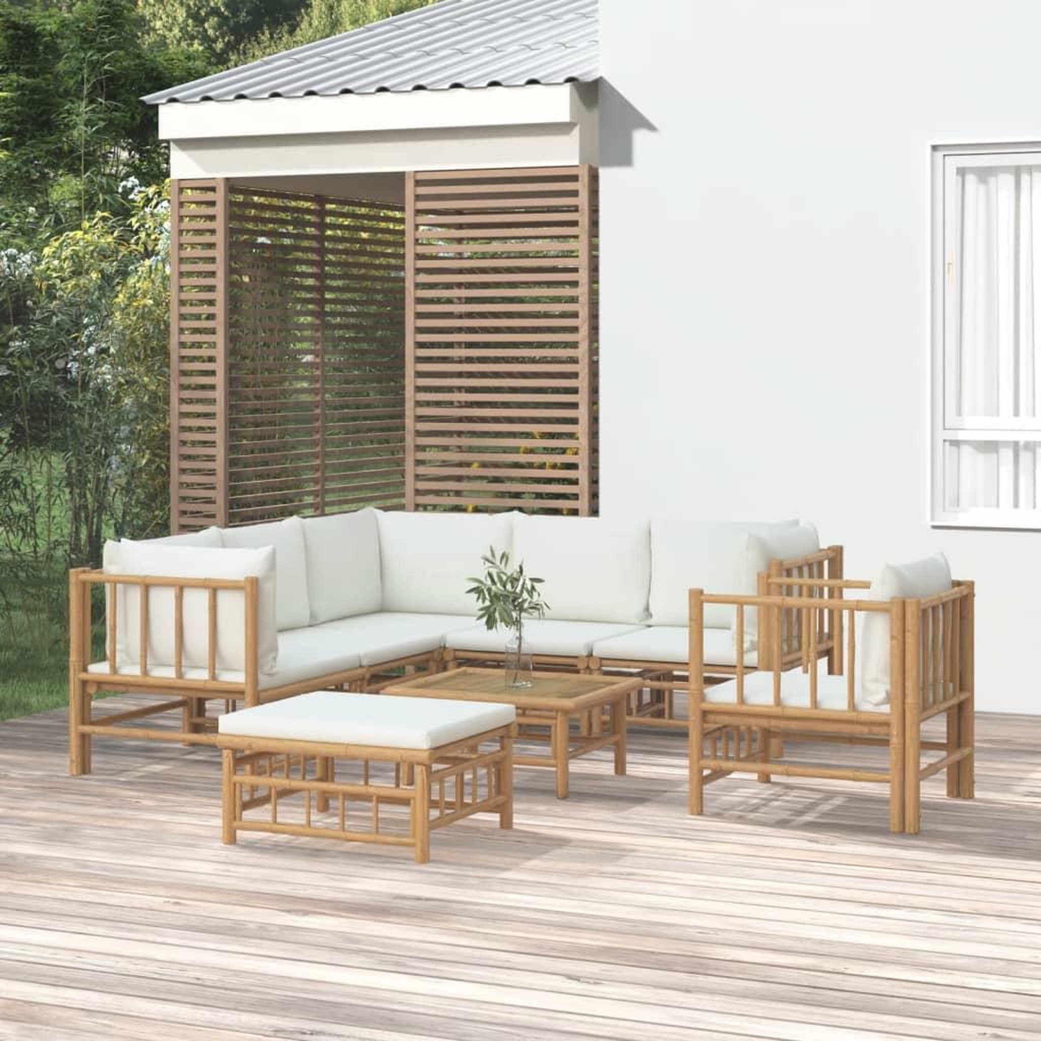 Voir la diapositive 1 : VIDAXL Salon de jardin 8 pcs avec coussins blanc creme bambou