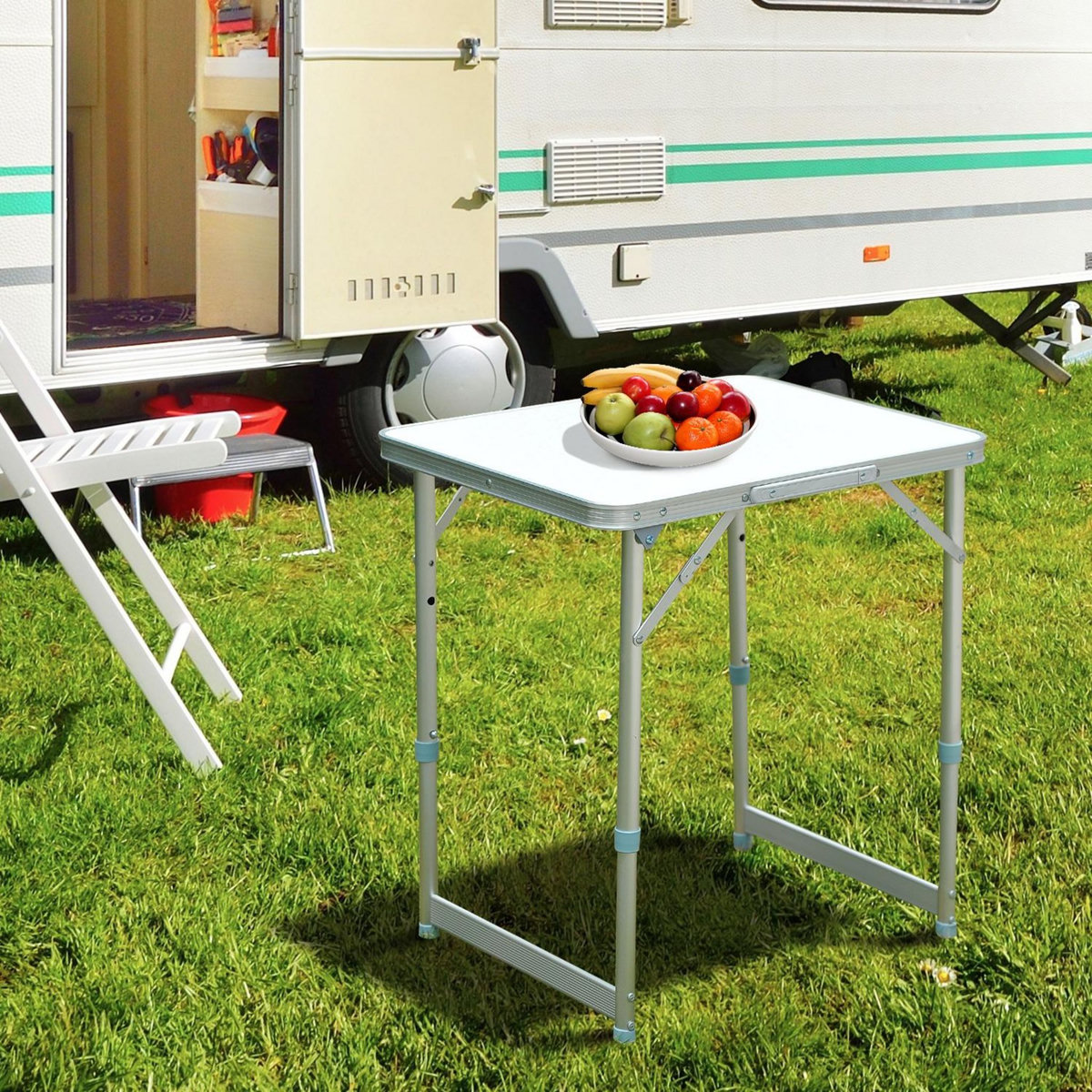 OUTSUNNY Table pliante table de camping table de jardin hauteur réglable aluminium MDF blanc
