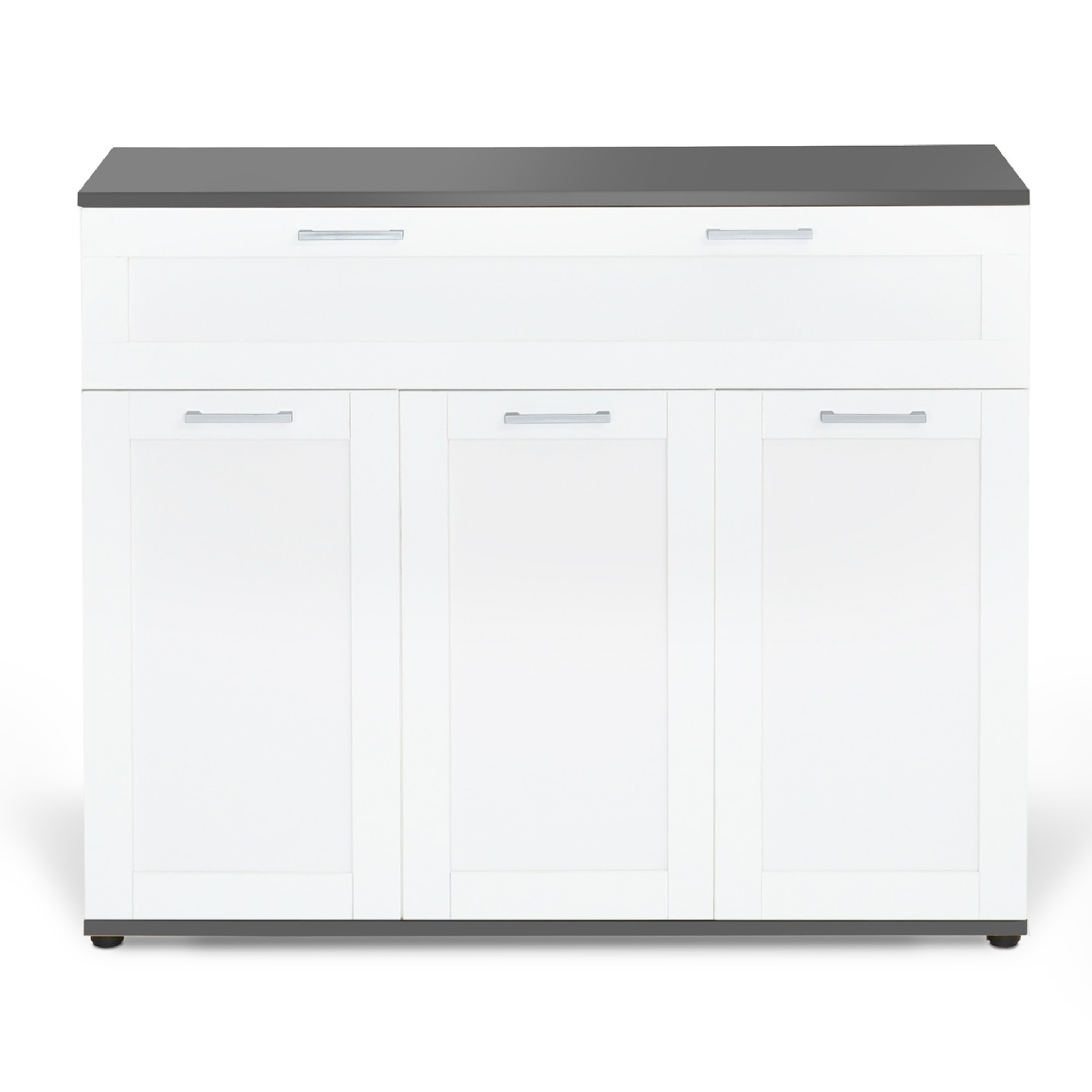 Voir la diapositive 3 : ID MARKET Buffet 100 cm vito 3 portes et 1 tiroir blanc et plateau gris