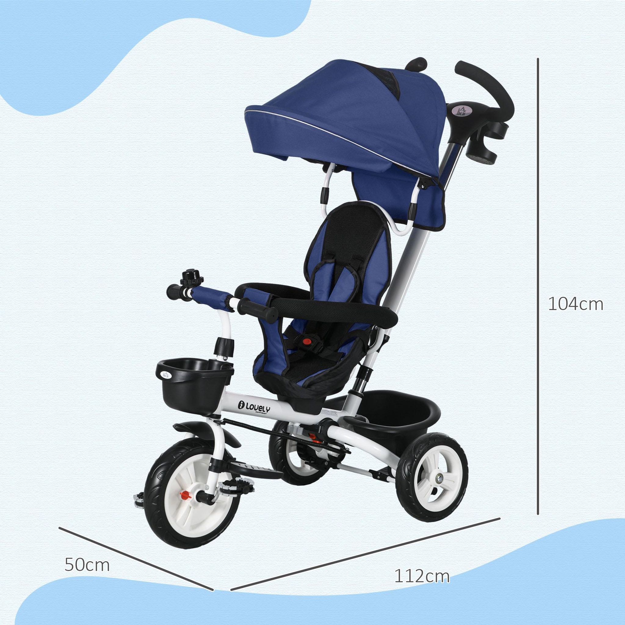Voir la diapositive 3 : HOMCOM Tricycle enfant évolutif pliable pare-soleil canne télescopique amovible siège réversible bleu