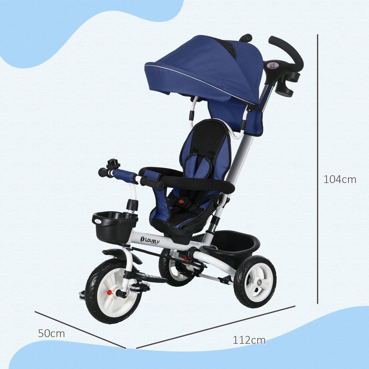 HOMCOM Tricycle enfant évolutif pliable pare-soleil canne télescopique amovible siège réversible bleu