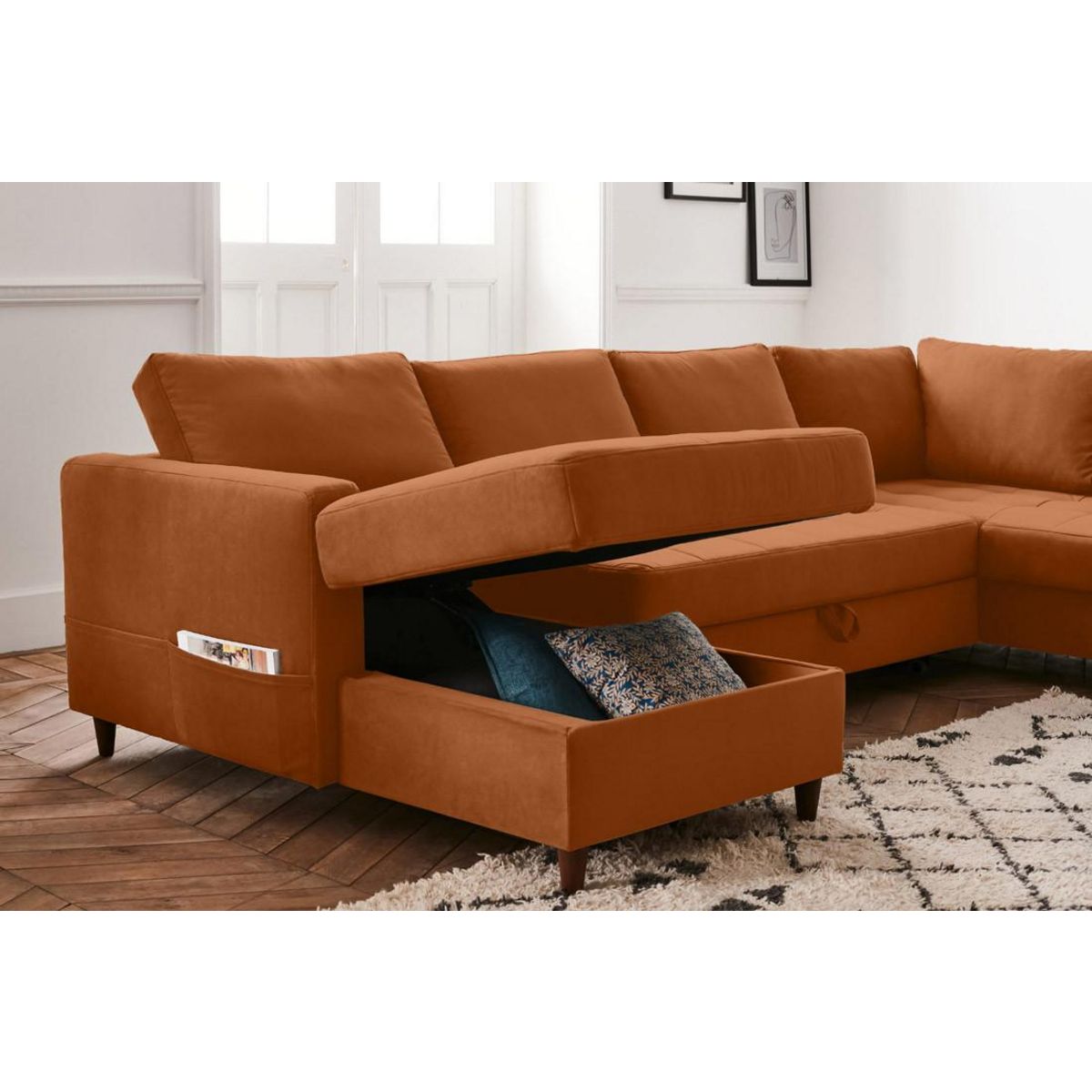 LISA DESIGN Anna - canapé panoramique d'angle droit - 7 places - convertible avec coffre - en velours