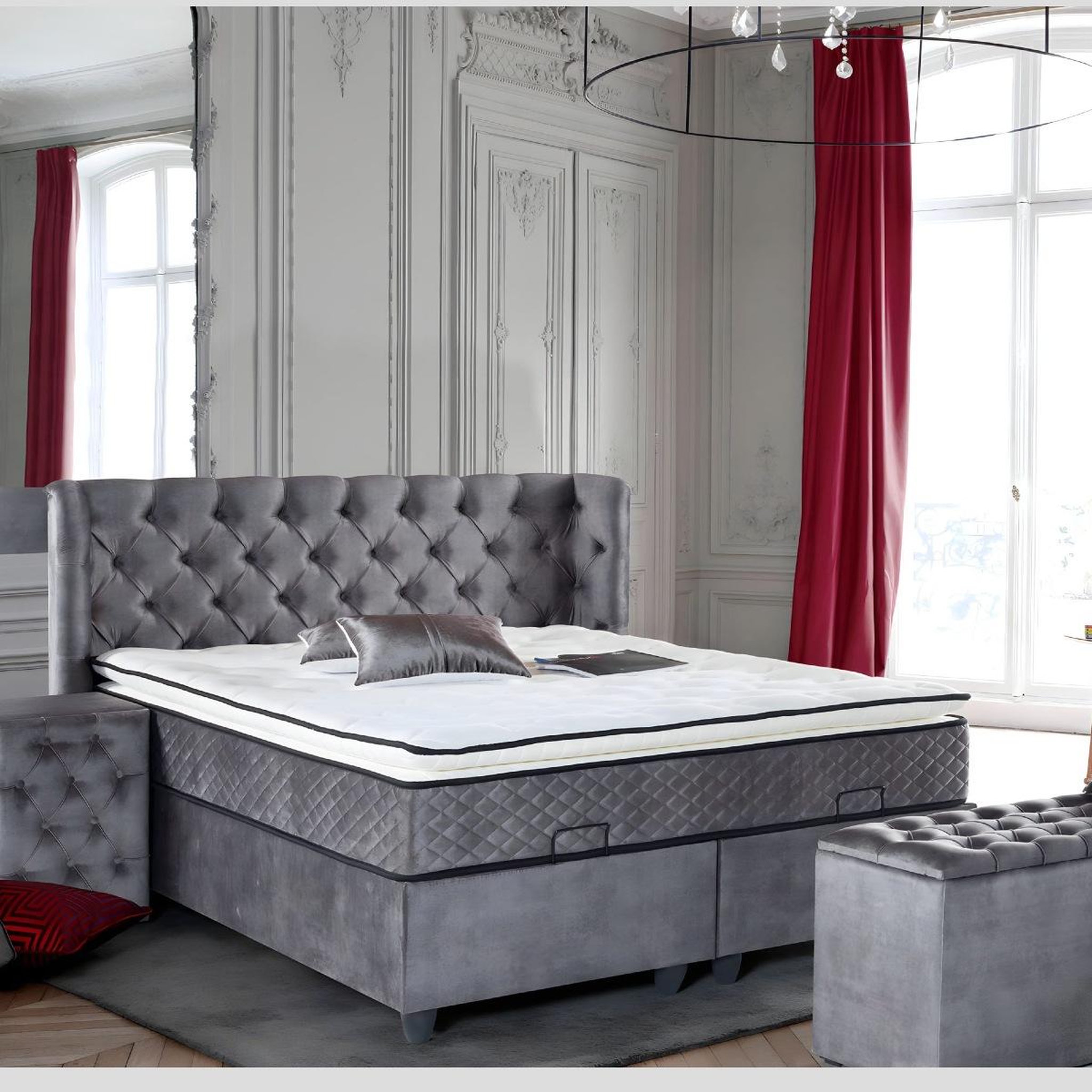Voir la diapositive 4 : JLC KREATION Lit coffre complet capitonné 160cm + matelas + surmatelas luxy