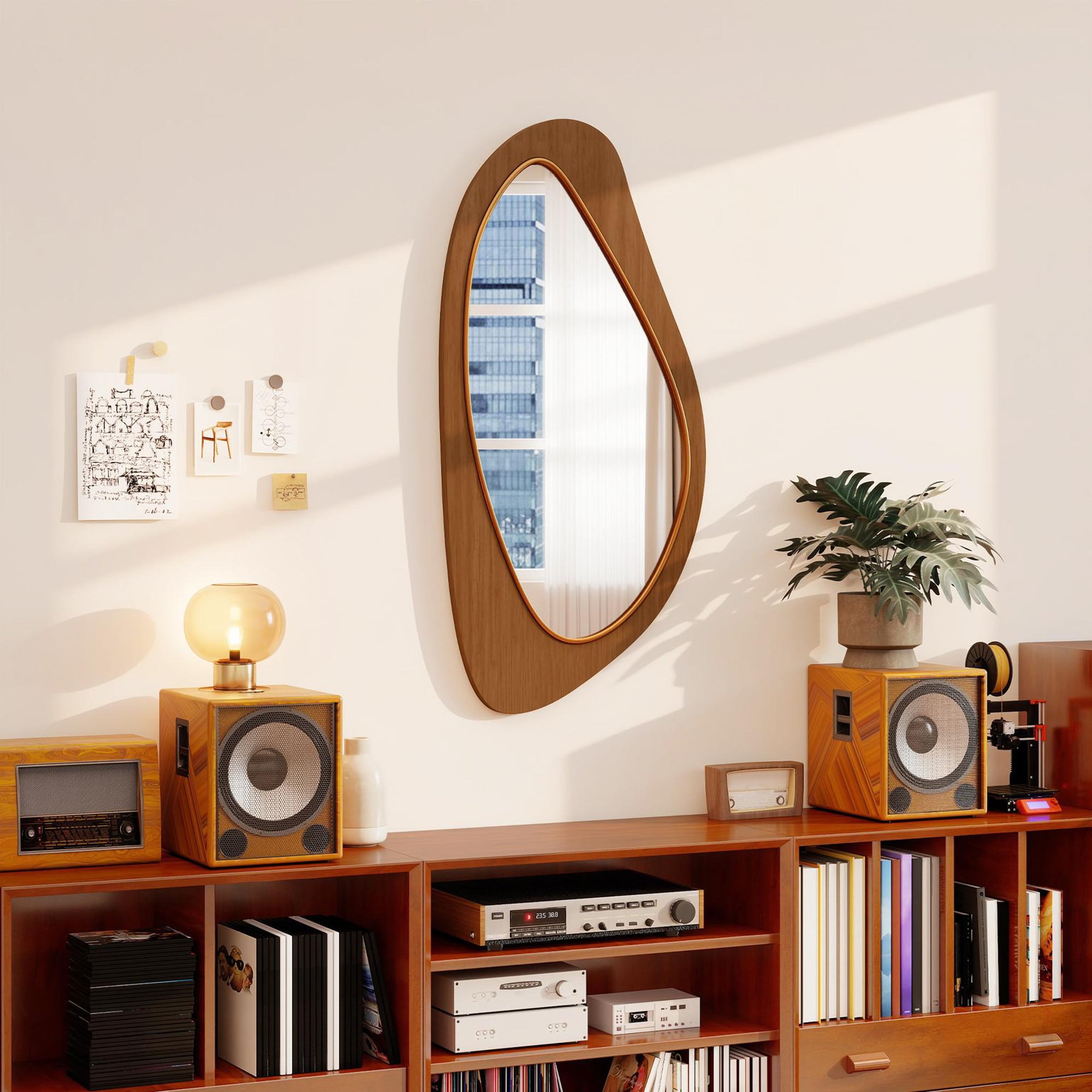 Voir la diapositive 2 : HOMCOM Miroir mural organique cadre bois naturel 45 x 91 cm