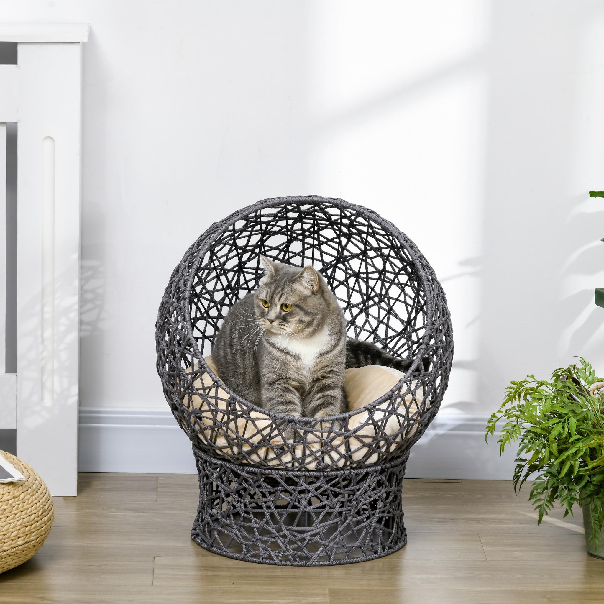 Voir la diapositive 4 : PAWHUT Panier tressé chat gris apia lit chat cosy grand confort dia. 50 x h.60 cm coussin moelleux beige inclus