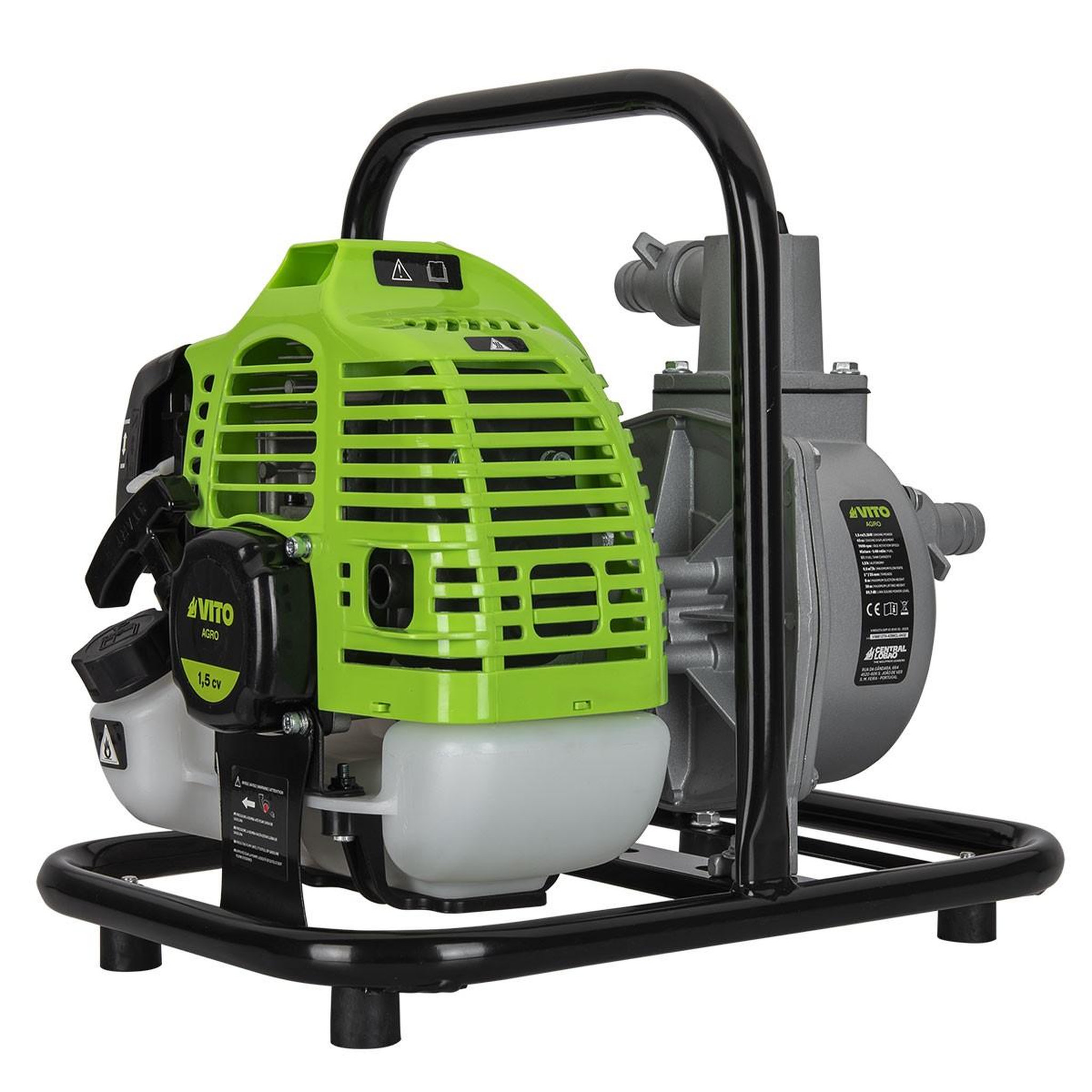 Voir la diapositive 6 : VITO Garden Pompe à eau thermique 43 cm3 raccords 50mm débit 6500 l/h eaux usées kit de10m tuyaux inclus  vito
