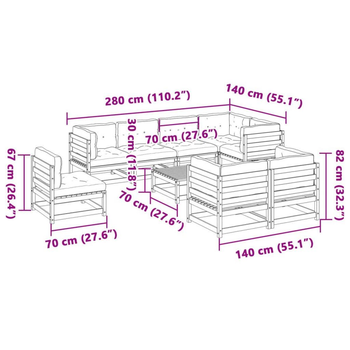 VIDAXL Salon de jardin 9 pcs avec coussins marron cire bois pin massif