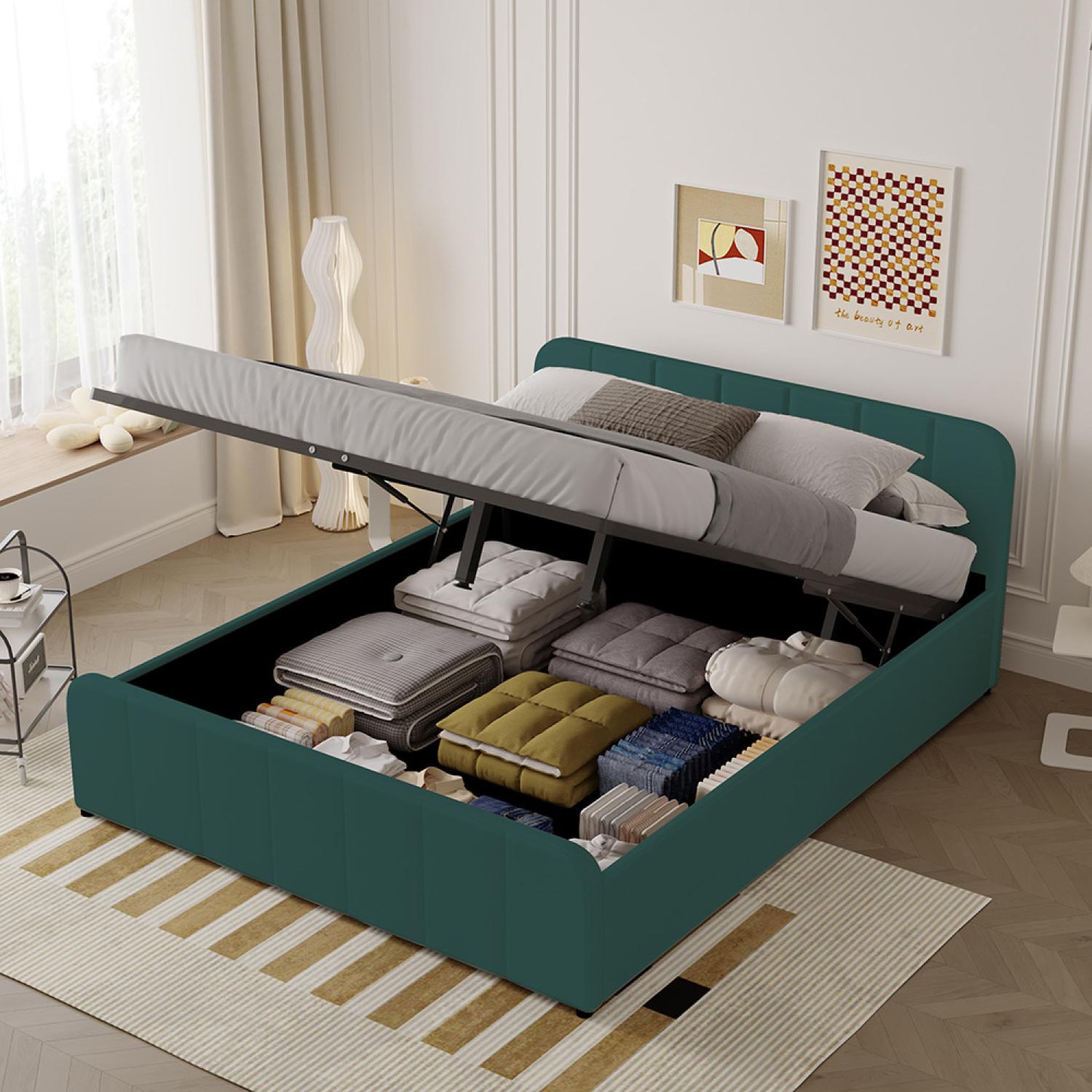 Voir la diapositive 6 : CONCEPT USINE Lit avec coffre de rangement 140x190cm en velours vert tampa