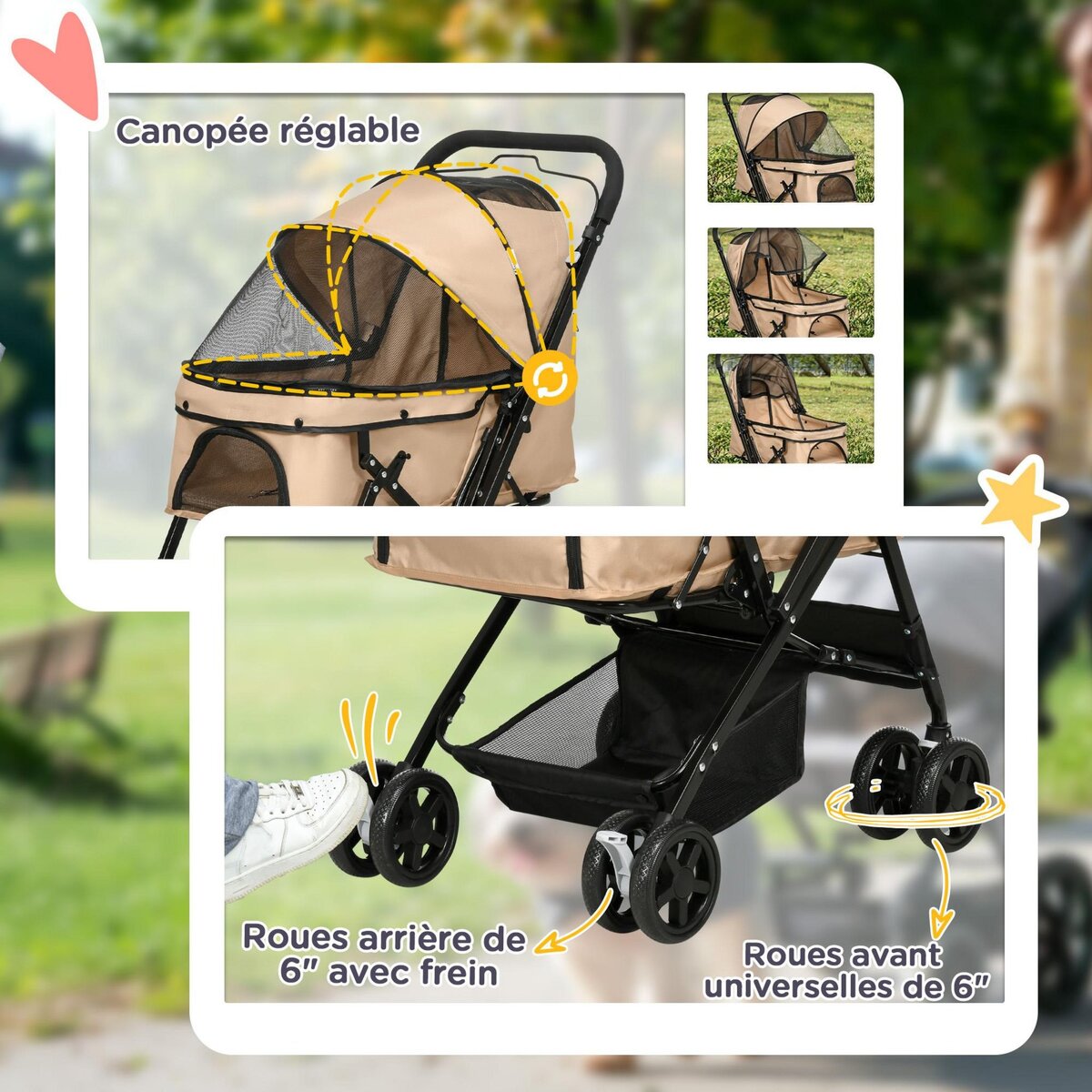PAWHUT Poussette buggy pliable chien chat panier et sac de rangement attaches sécurité housse réglable poignée réglable acier Oxford beige