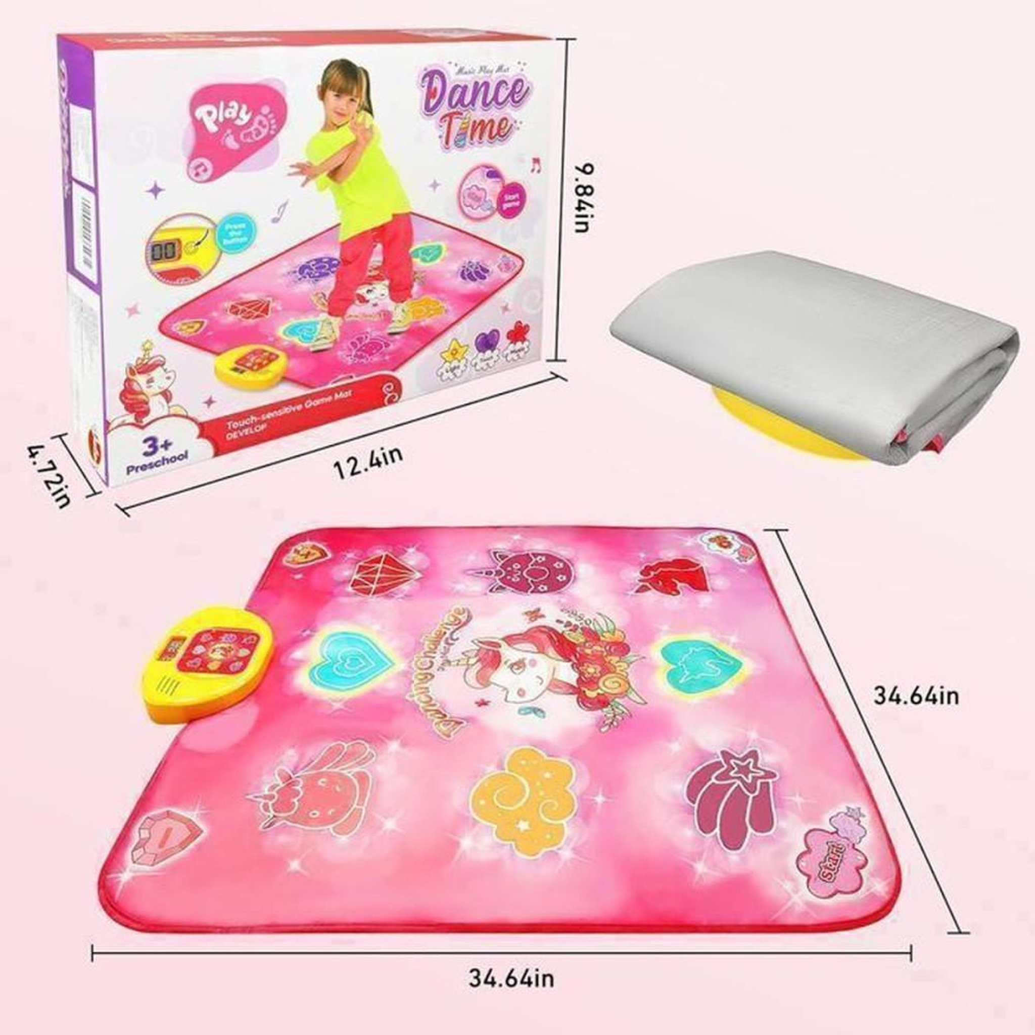Voir la diapositive 6 : VARO Tapis de danse musical LED pour enfants 3+ VATOS rose, 5 jeux, 3 niveaux, volume réglable, contrôleur jaune, 8 zones