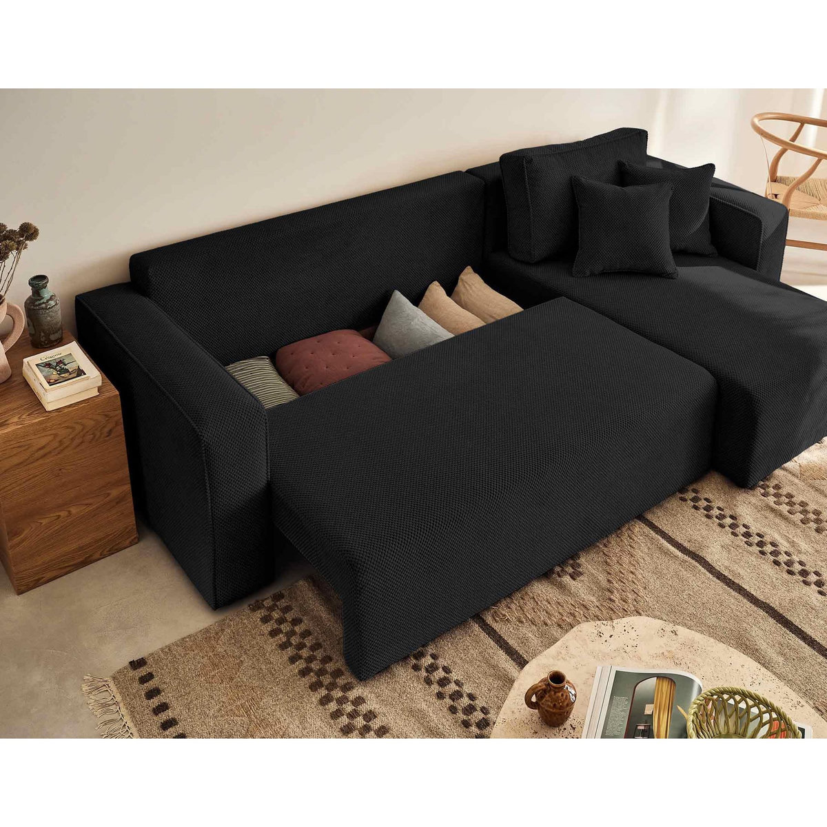 BEST MOBILIER Topaze - canapé d'angle réversible - 4 places - convertible avec coffre - en velours texturé