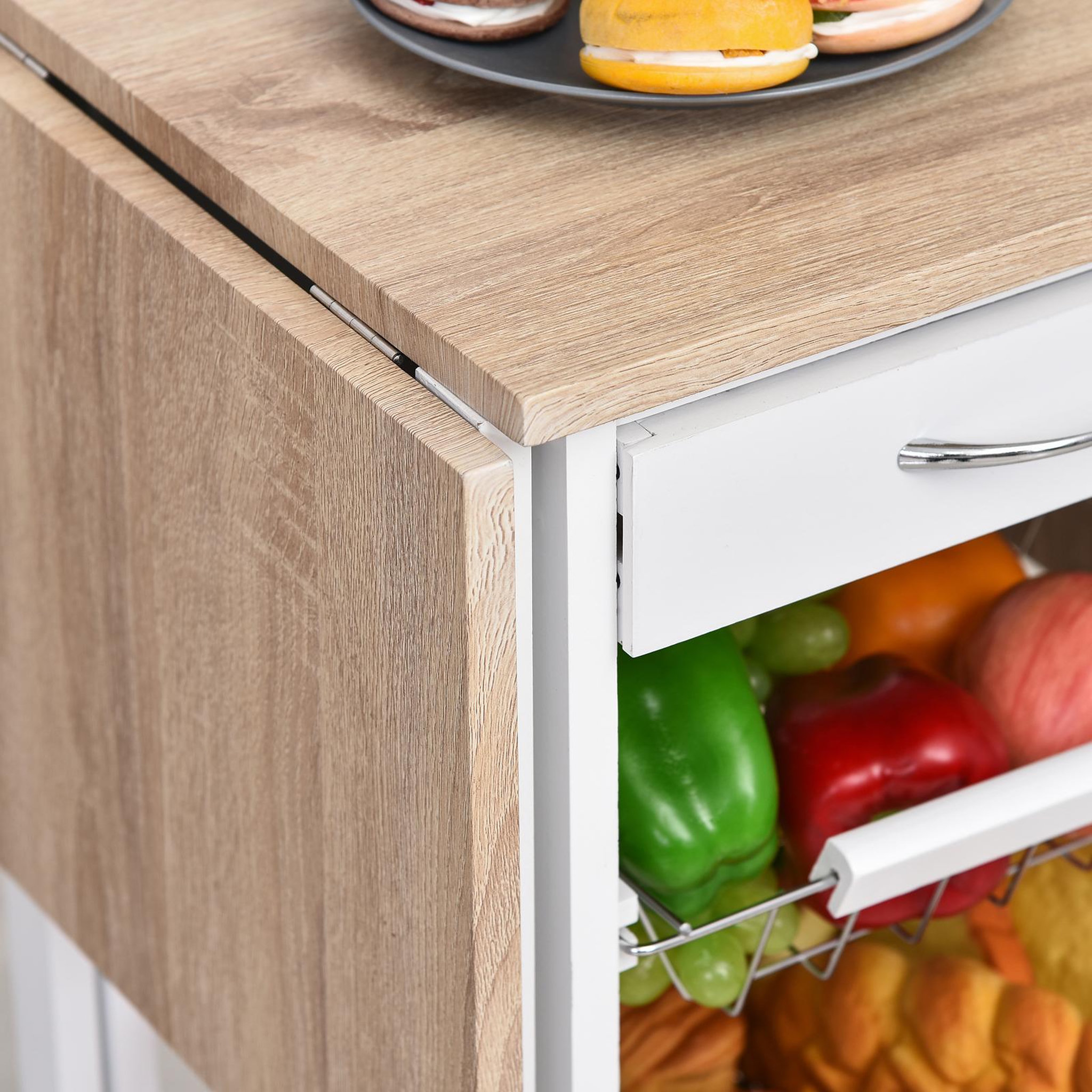 Voir la diapositive 6 : HOMCOM Chariot de service desserte de cuisine à roulettes multi-rangements 3 paniers métal + tiroir + rallonges mdf blanc chêne clair