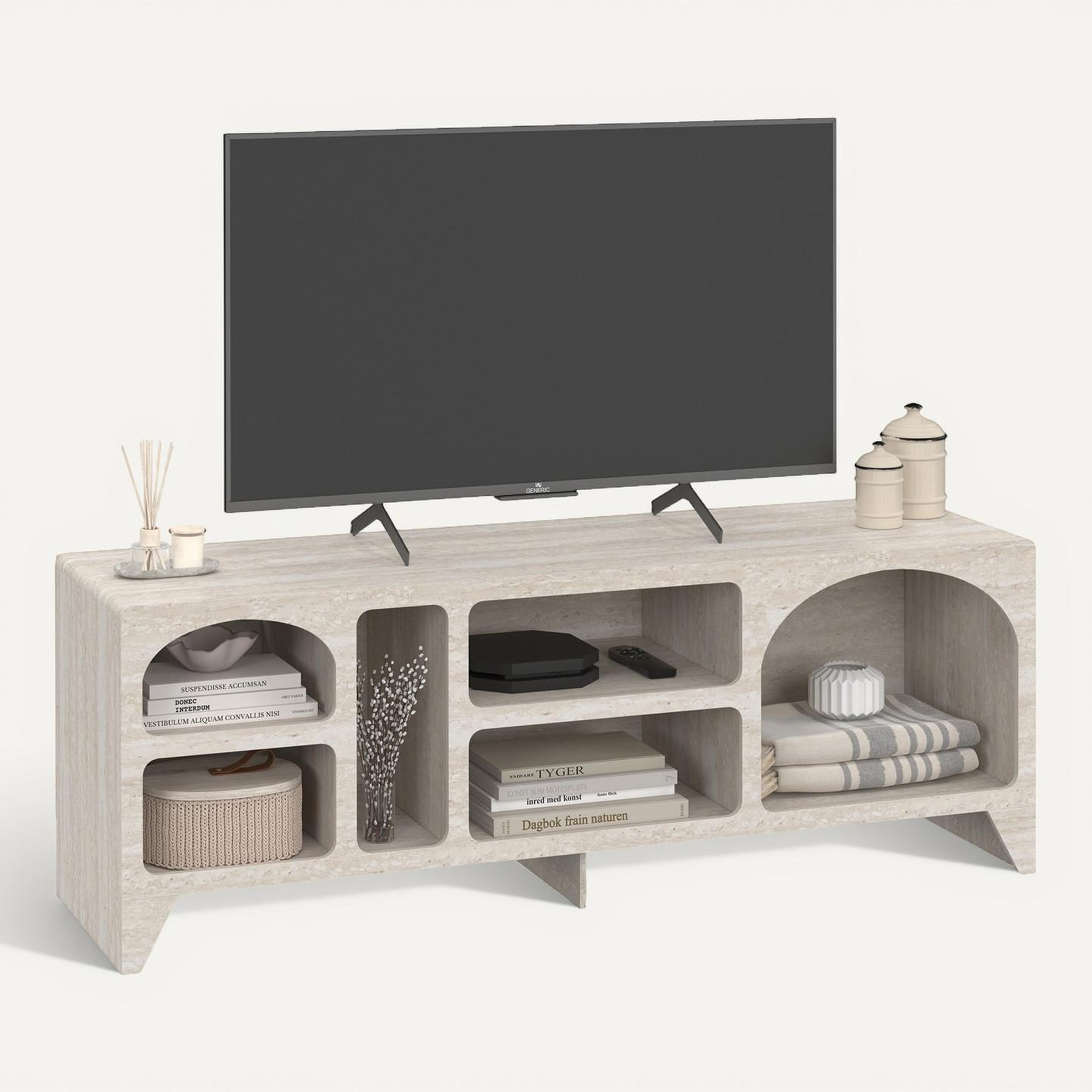 Voir la diapositive 6 : ID MARKET Meuble TV 140 cm organique ALESIA 6 niches bois effet travertin